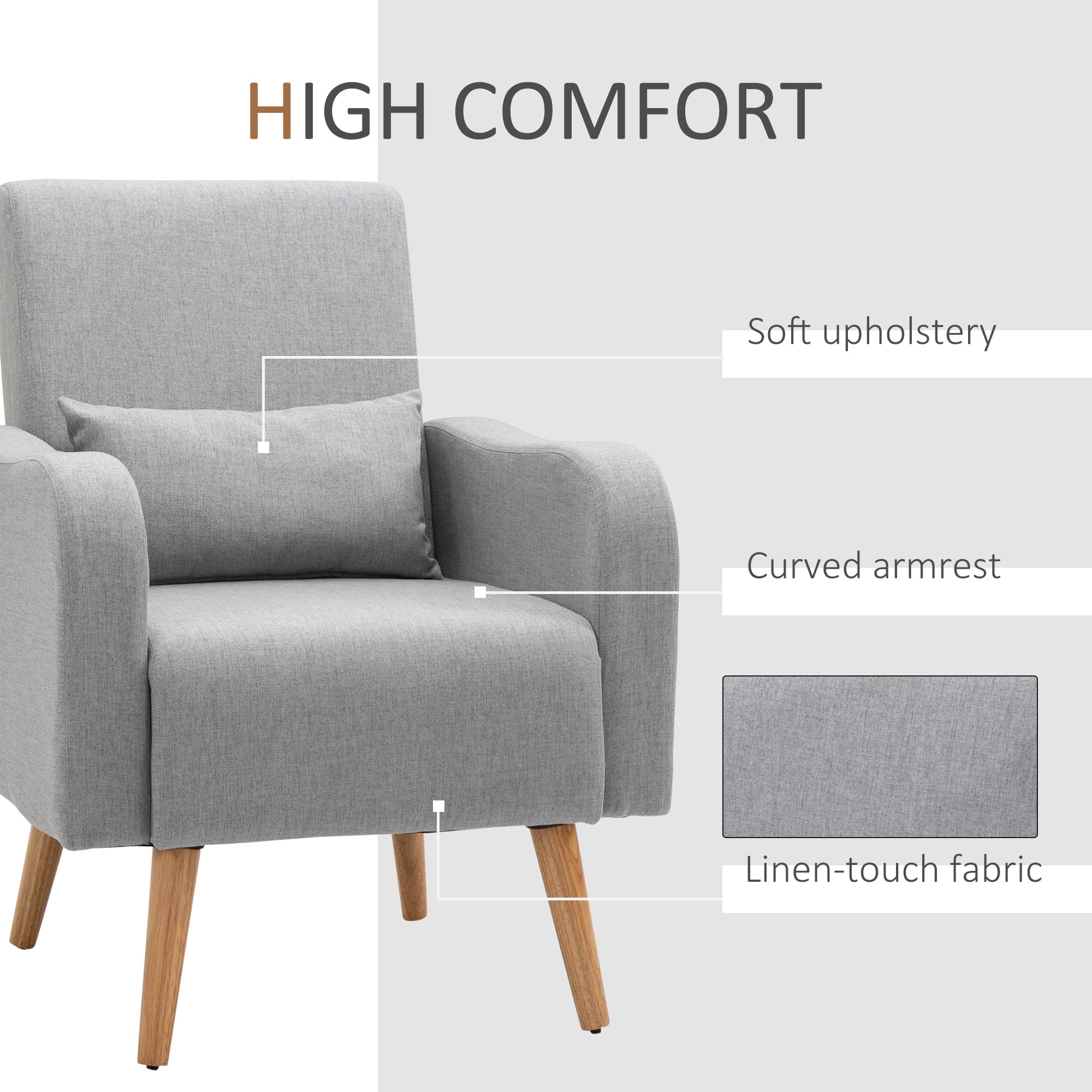 HOMCOM Accent Chair, Linen-Touch Armchair, Upholstered Leisure Lounge Sofa for Living Room, Club Chair with Wooden Frame, Grey