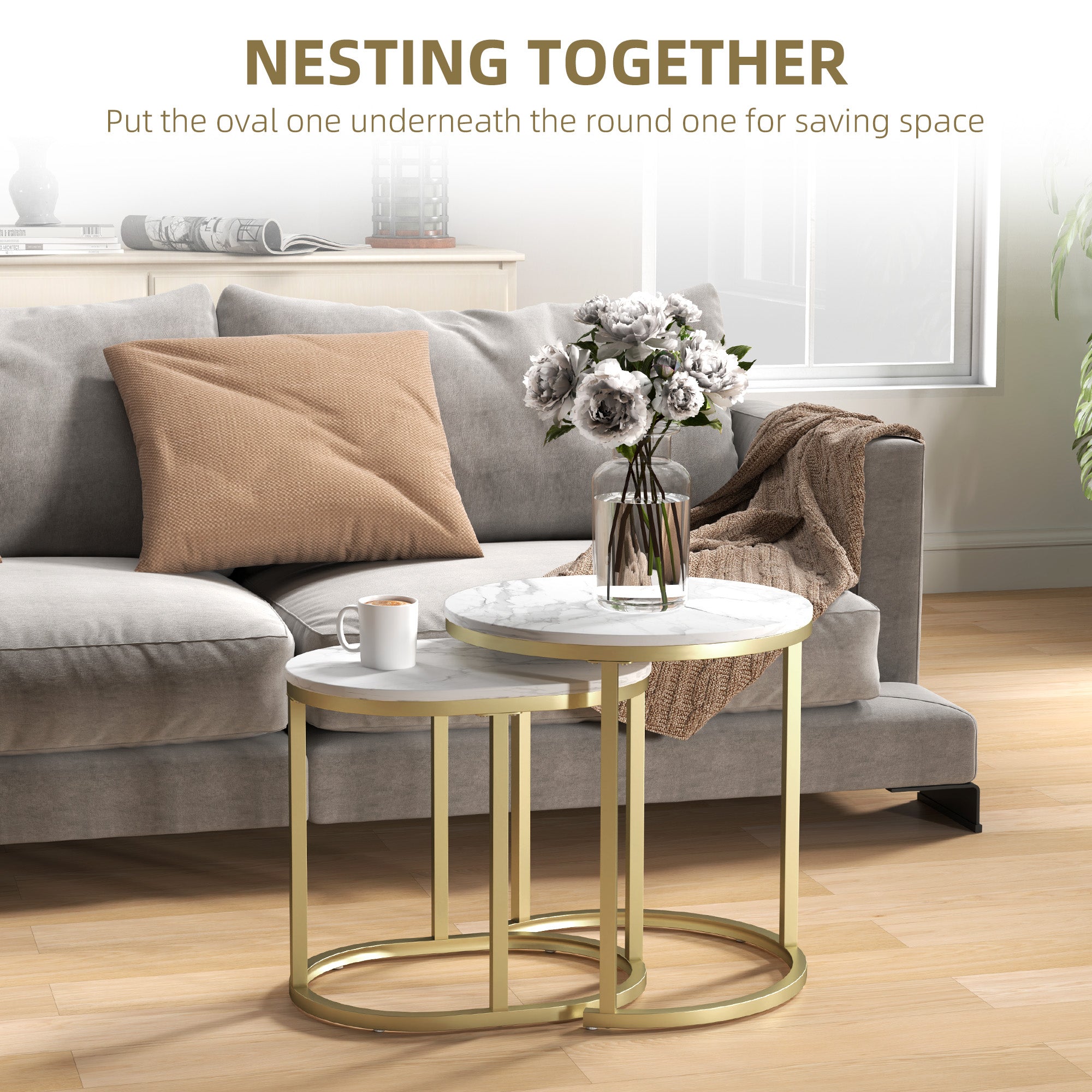 HOMCOM Nest of Tables with Steel Frame and Faux Marble Tabletop, Modern Coffee Table Set of 2, Gold Tone/White