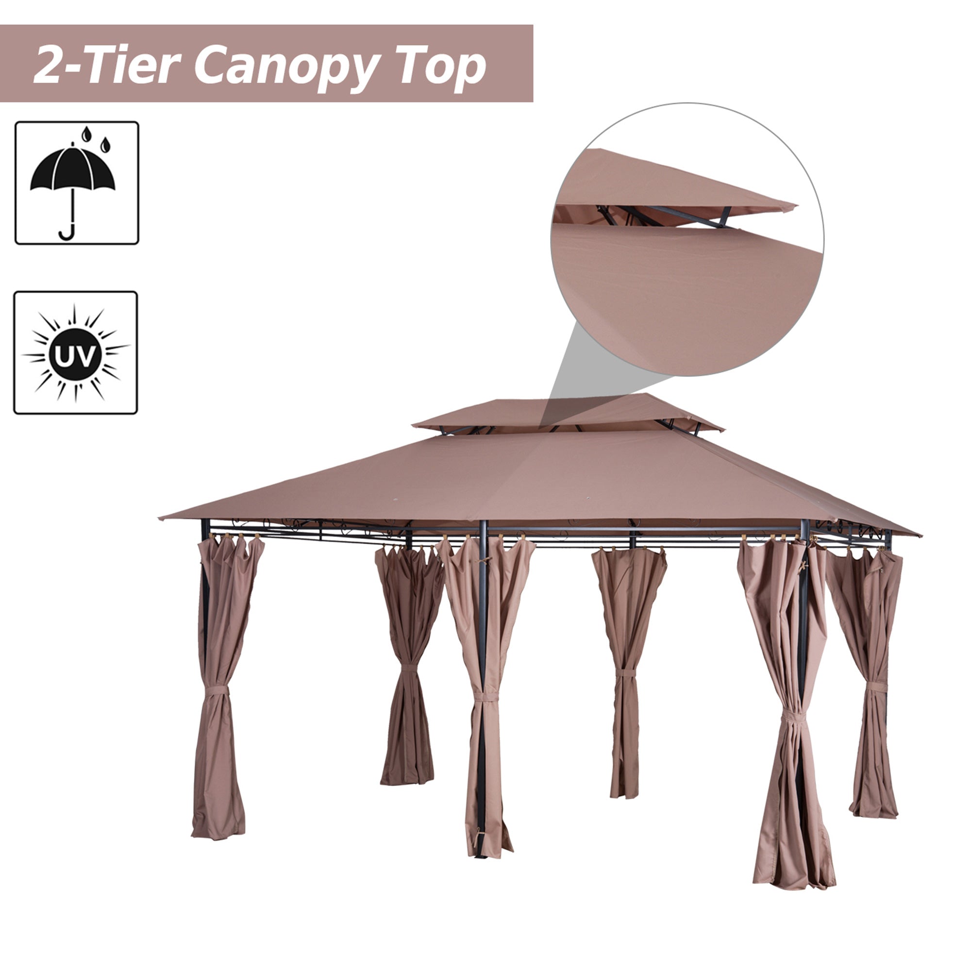 Outsunny 4m x 3(m)Garden Gazebo, Double Roof Outdoor Gazebo Canopy Shelter with Curtains, Solid Steel Frame for Lawn and Deck, Brown - North Peak Garden Furniture