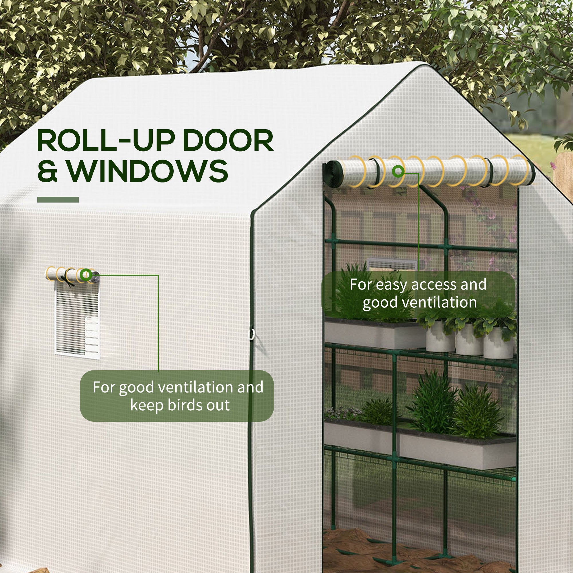 Outsunny Walk-in Greenhouse with PE Cover, 3 Tier Shelves, Roll-up Door & Mesh Windows, 140 x 213 x 190cm, White | Aosom UK