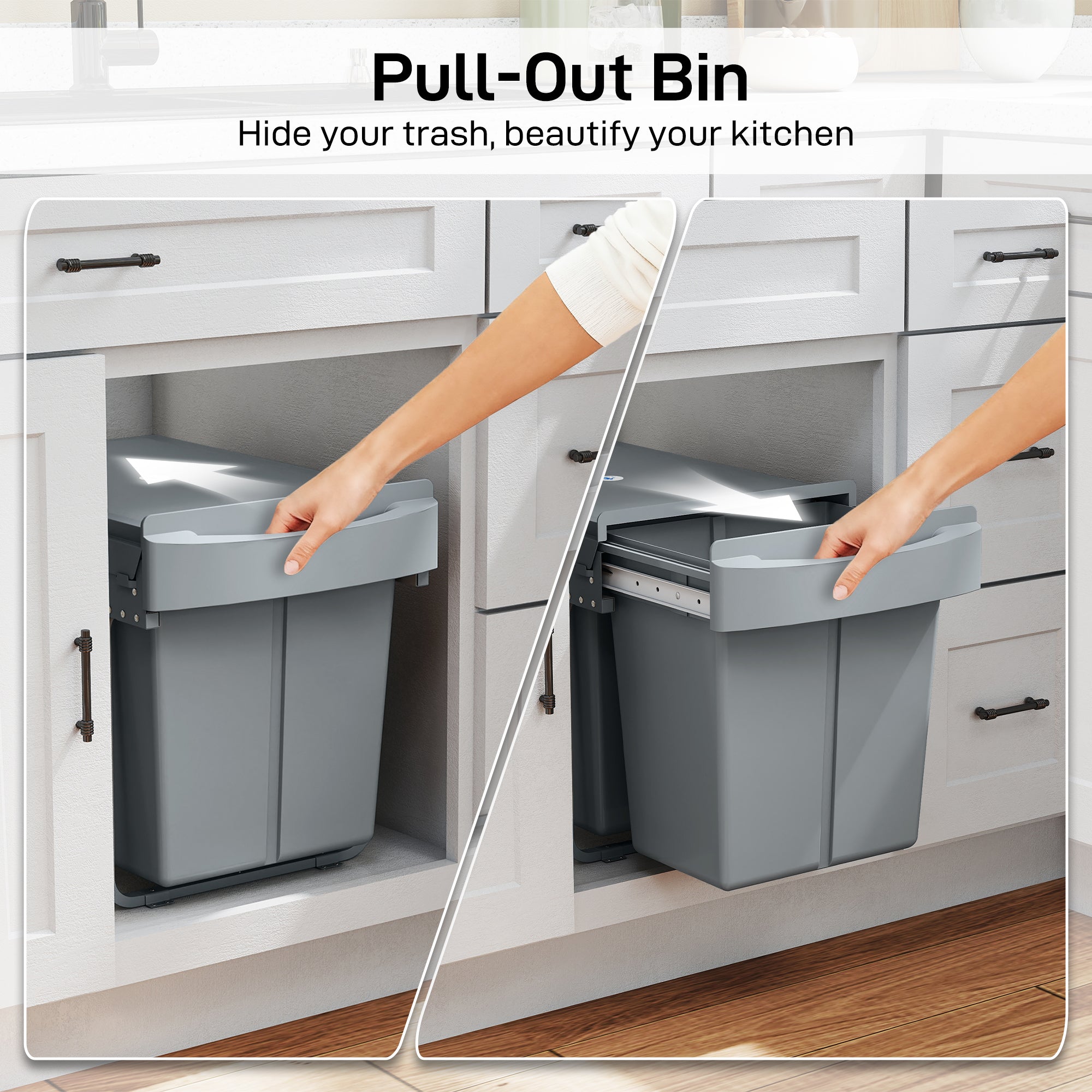 HOMCOM Pull Out Bin, Kitchen Under Sink Bin with 2 Removable Compartments, Smooth Glide, Grey