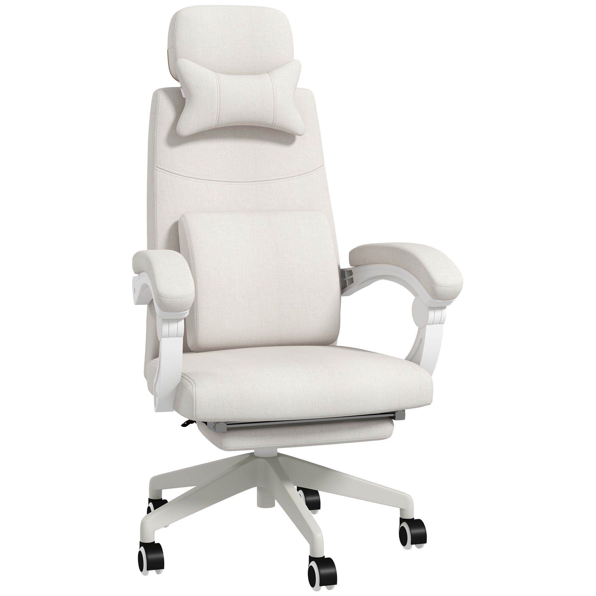 Vinsetto Linen-Look Office Chair, with 160° Reclining Back and Footrest - White - North Peak Garden Furniture