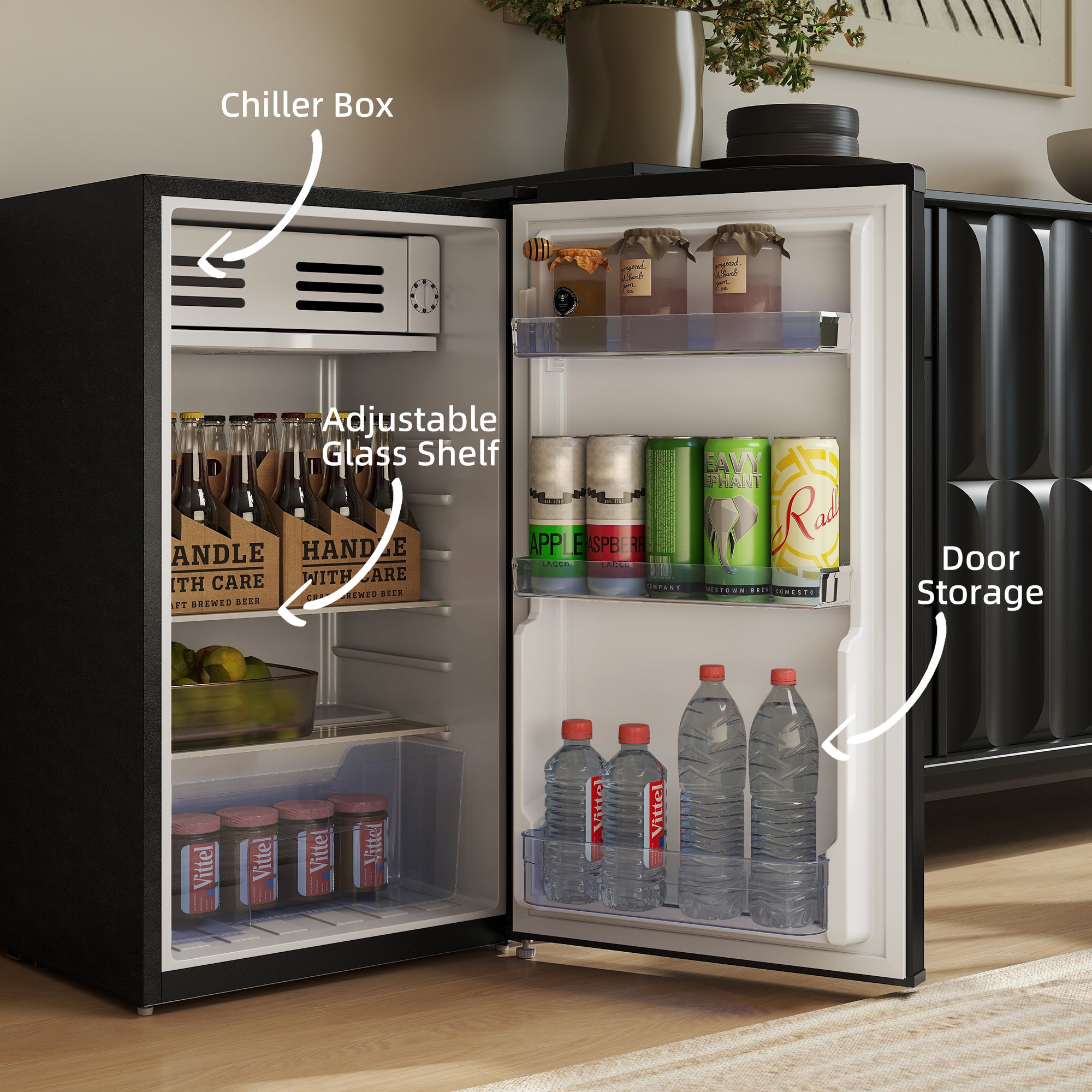 HOMCOM Under Counter Fridge, 85L Small Retro Refrigerator with Chiller Box, Adjustable Thermostat, Glass Shelves, Black - North Peak Garden Furniture