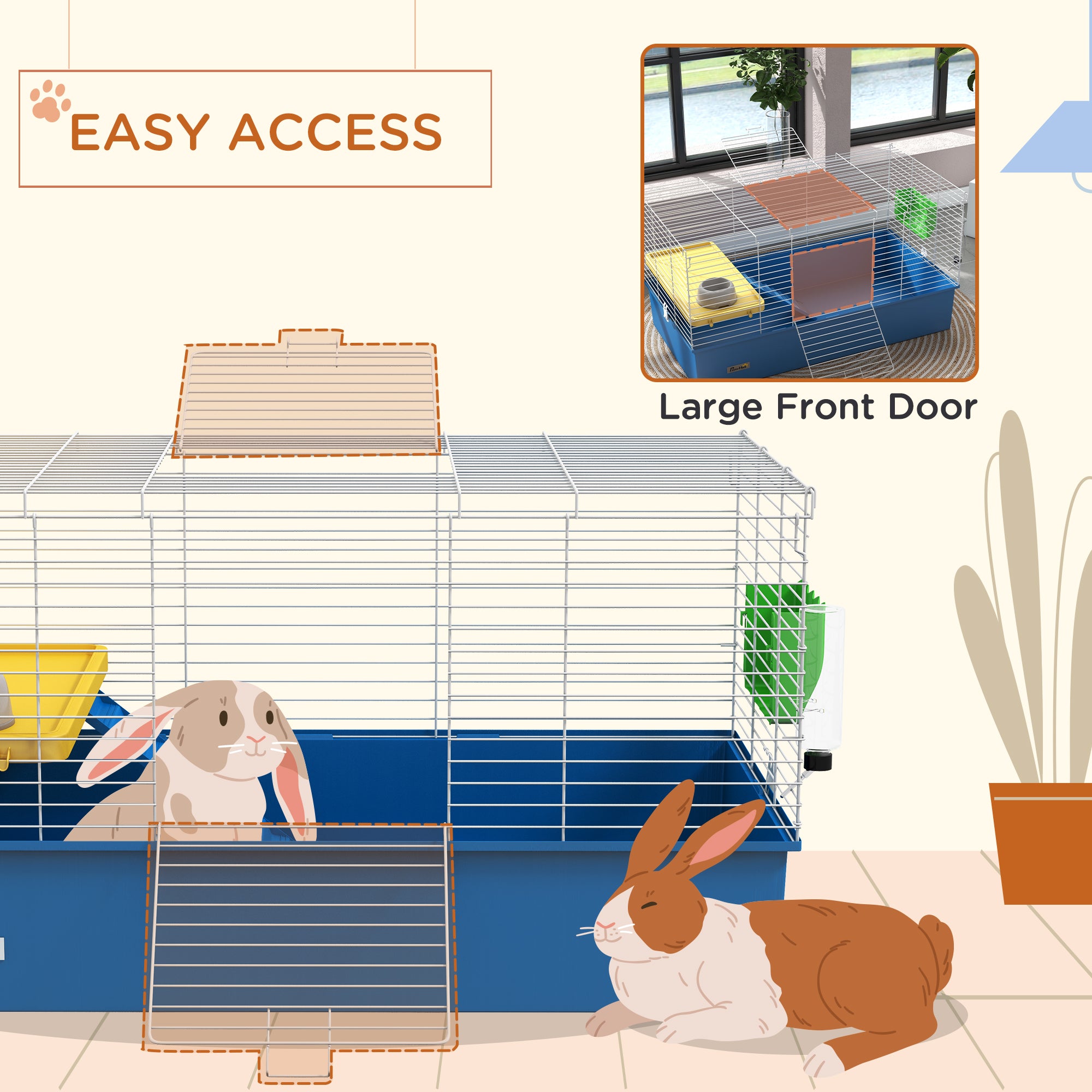PawHut Chinchillas Small Rabbit Guinea Pig Small Animal Cage, Pet Playhouse, with Platform, Ramp, 99 x 52 x 53cm, Blue - North Peak Garden Furniture