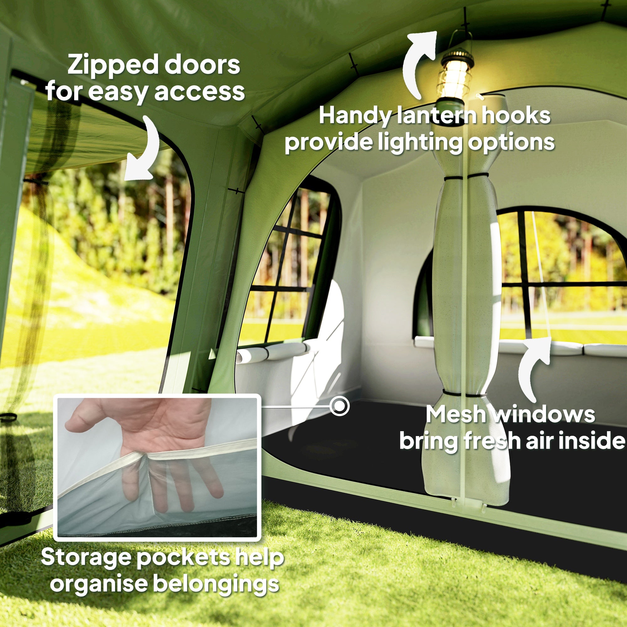 Outsunny 3-4 Man Tunnel Tent, Family Camping Tent with Porch, Bedroom and Living Area, Sewn in Groundsheet, 3000mm Waterproof, Portable with Bag for Hiking, Festival, Backpacking, Green - North Peak Garden Furniture