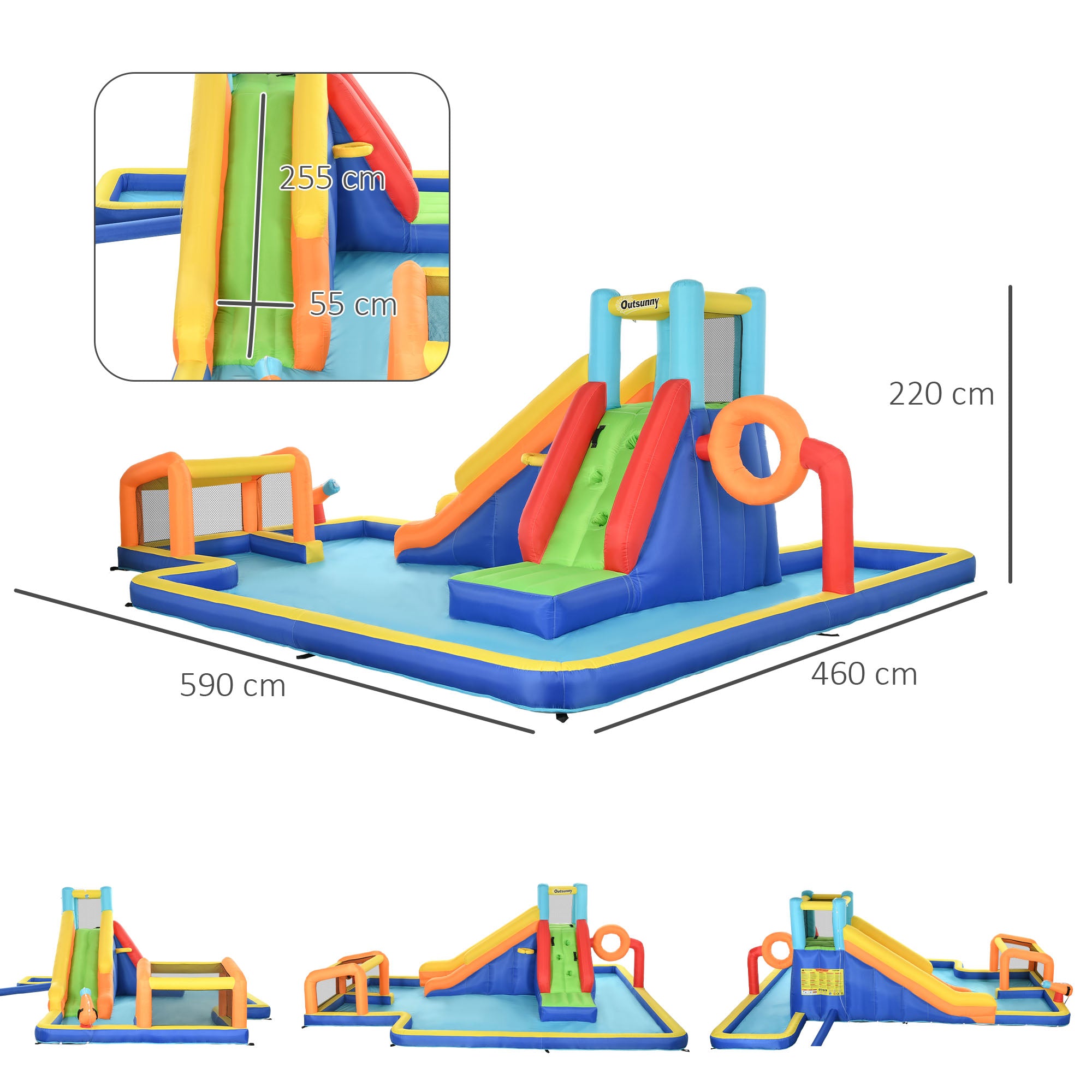 Outsunny 6 in 1 Bouncy Castle with Slide, Pool, Climbing Wall, Water Cannon, Basketball Hoop, Football Stand, for Ages 3-8 Years