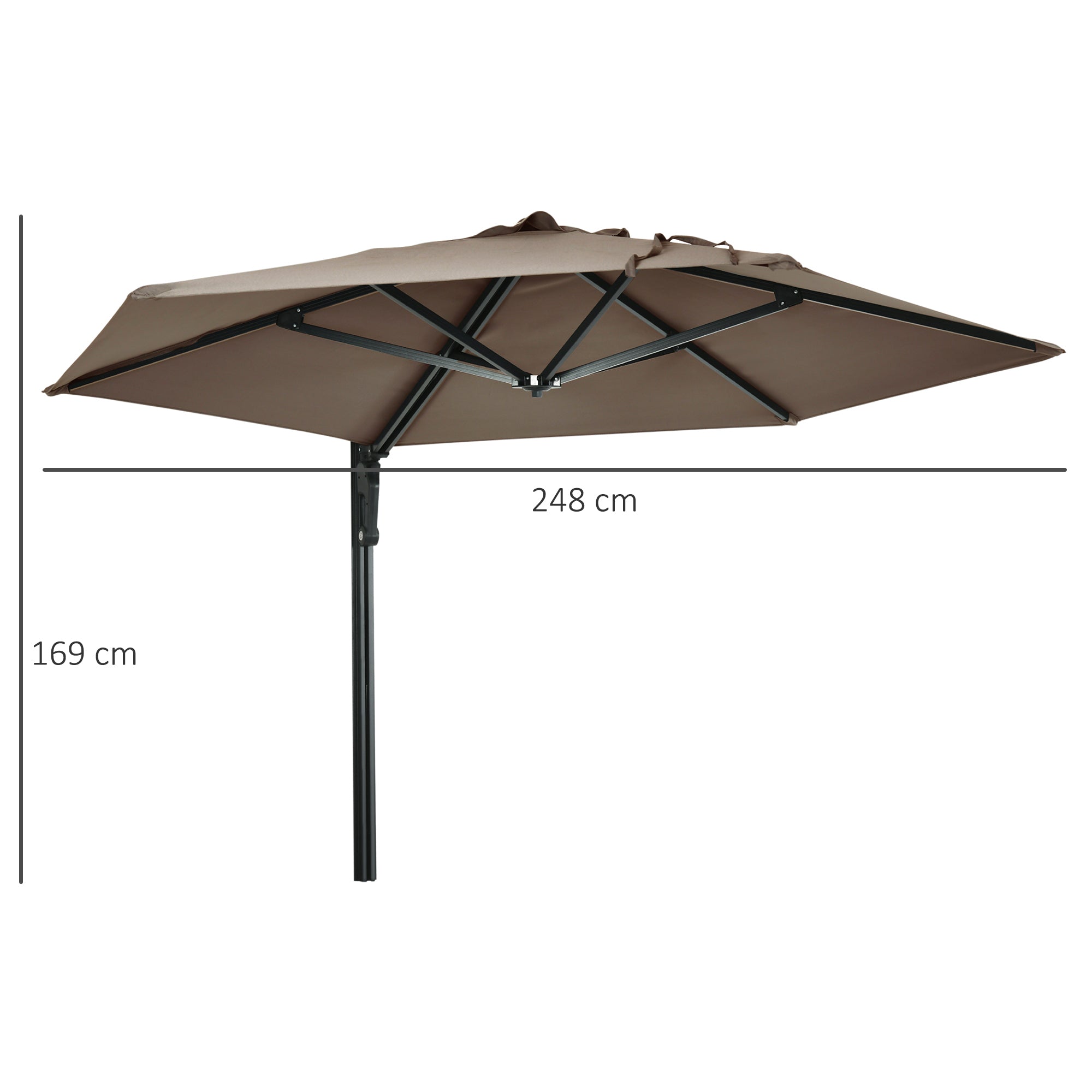 Outsunny 2.5m Wall Mounted Parasol, Hand to Push Outdoor Patio Umbrella with 180 Degree Rotatable Canopy for Porch, Deck, Garden, 250 cm, Khaki - North Peak Garden Furniture