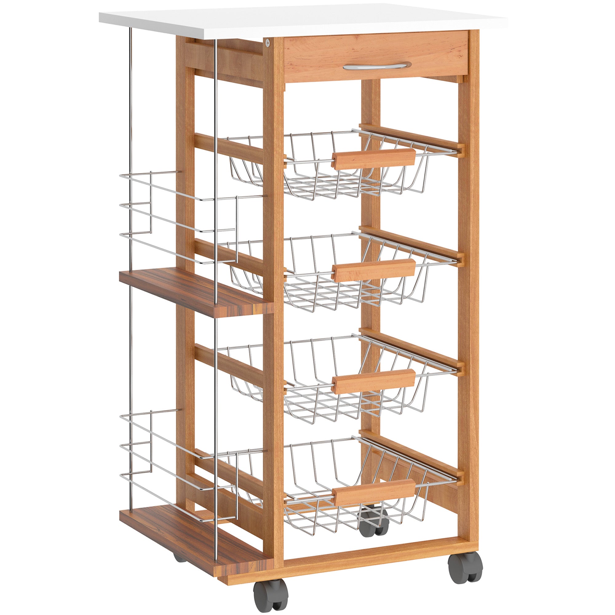 HOMCOM Rolling Kitchen Cart, Utility Storage Cart with 4 Basket Drawers & Side Racks, Wheels for Dining Room, Brown - North Peak Garden Furniture