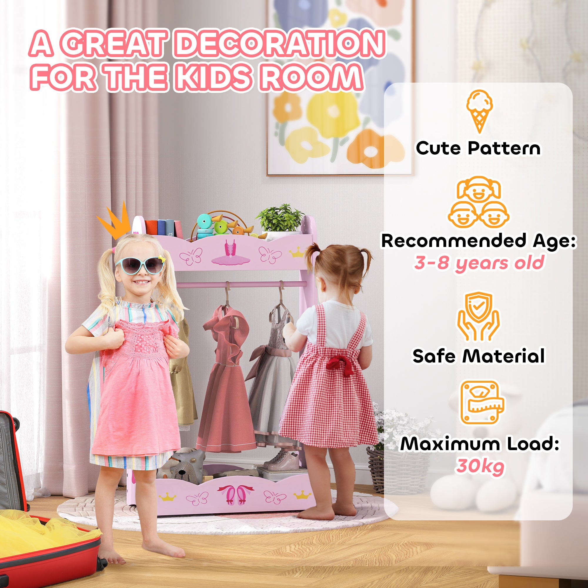 AIYAPLAY Kids Clothes Rail, Kids Dressing Mirror with 360° Rotating, 2 Piece Kids Furniture Set with Storage Shelves, Pink