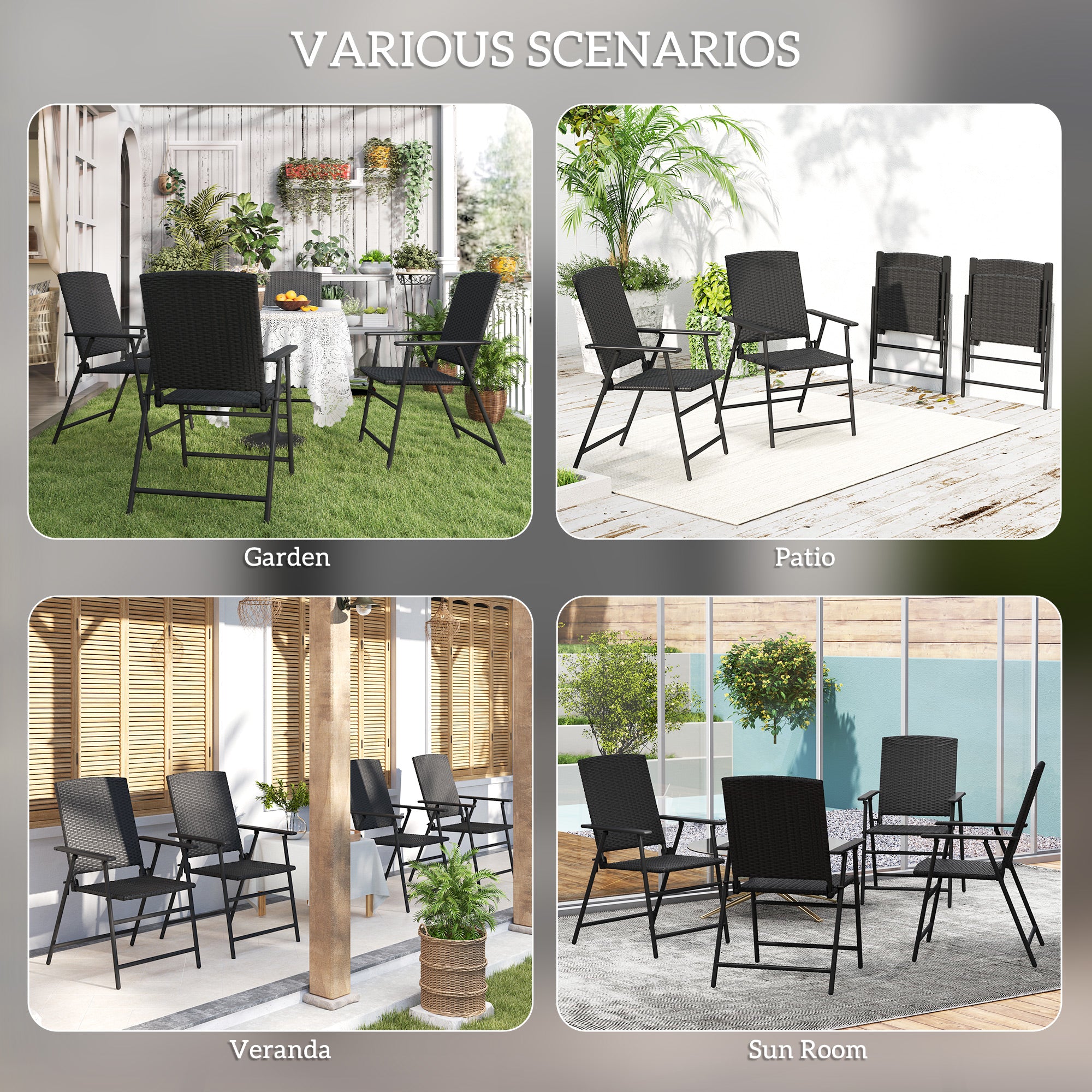 Outsunny Set of Four Folding Rattan Seat Chairs - Black - North Peak Garden Furniture