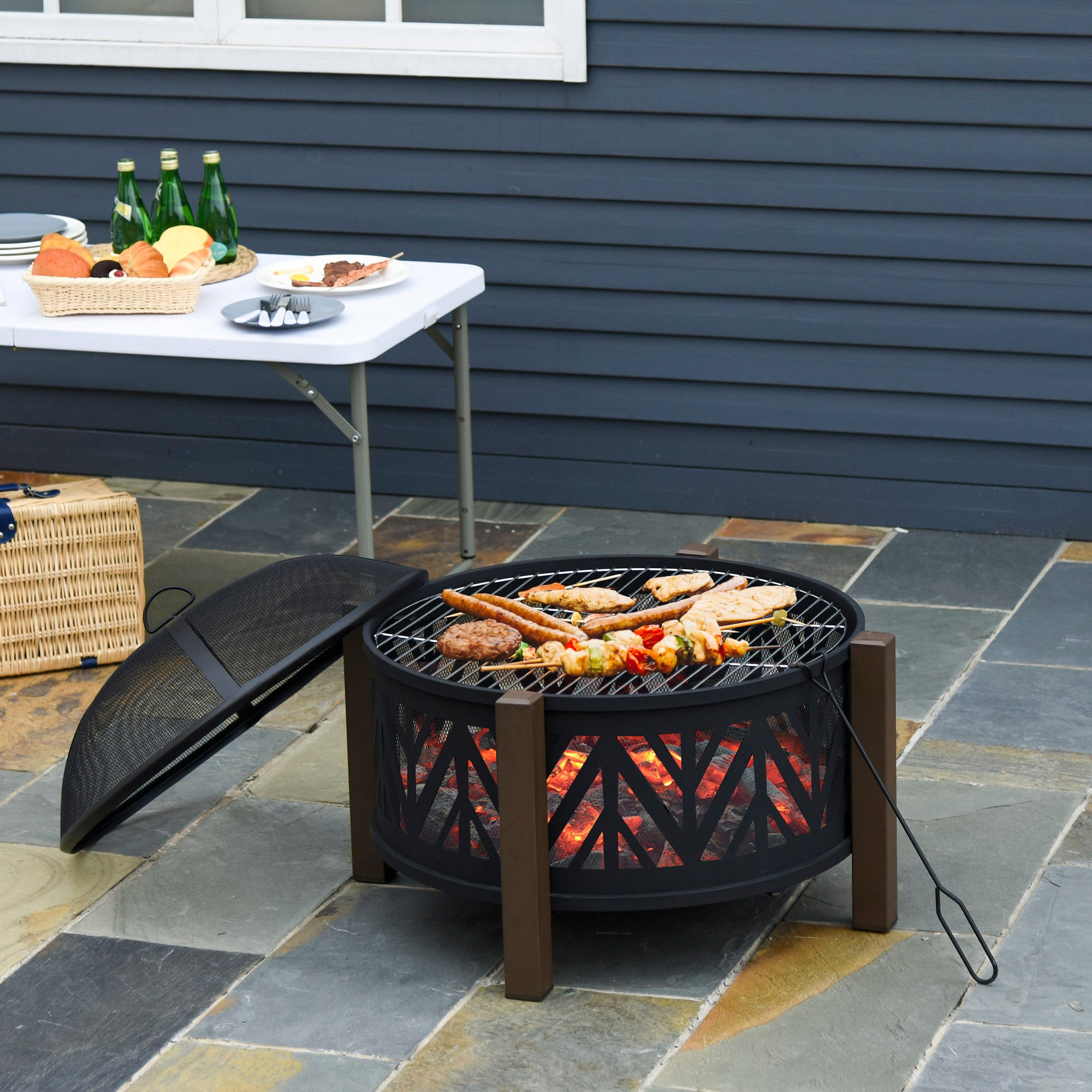 Outsunny Metal Large Firepit Bowl Outdoor 2-In-1 Round Fire Pit Brazier w/ Lid, BBQ Grill, Poker for Backyard, Camping, Bonfire, Wood Burning Stove, 78 x 78 x 60cm, Black - North Peak Garden Furniture