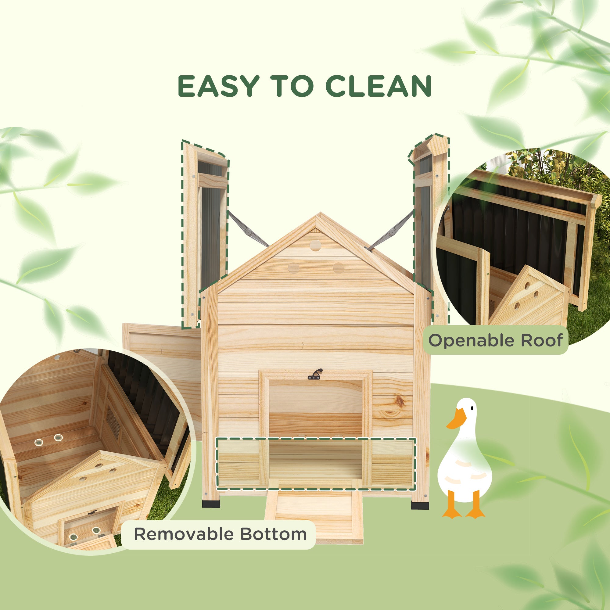 PawHut Wooden Duck House with Double Doors, Openable Roof, Ventilation Holes, Removable Base, Natural Wood Finish - North Peak Garden Furniture
