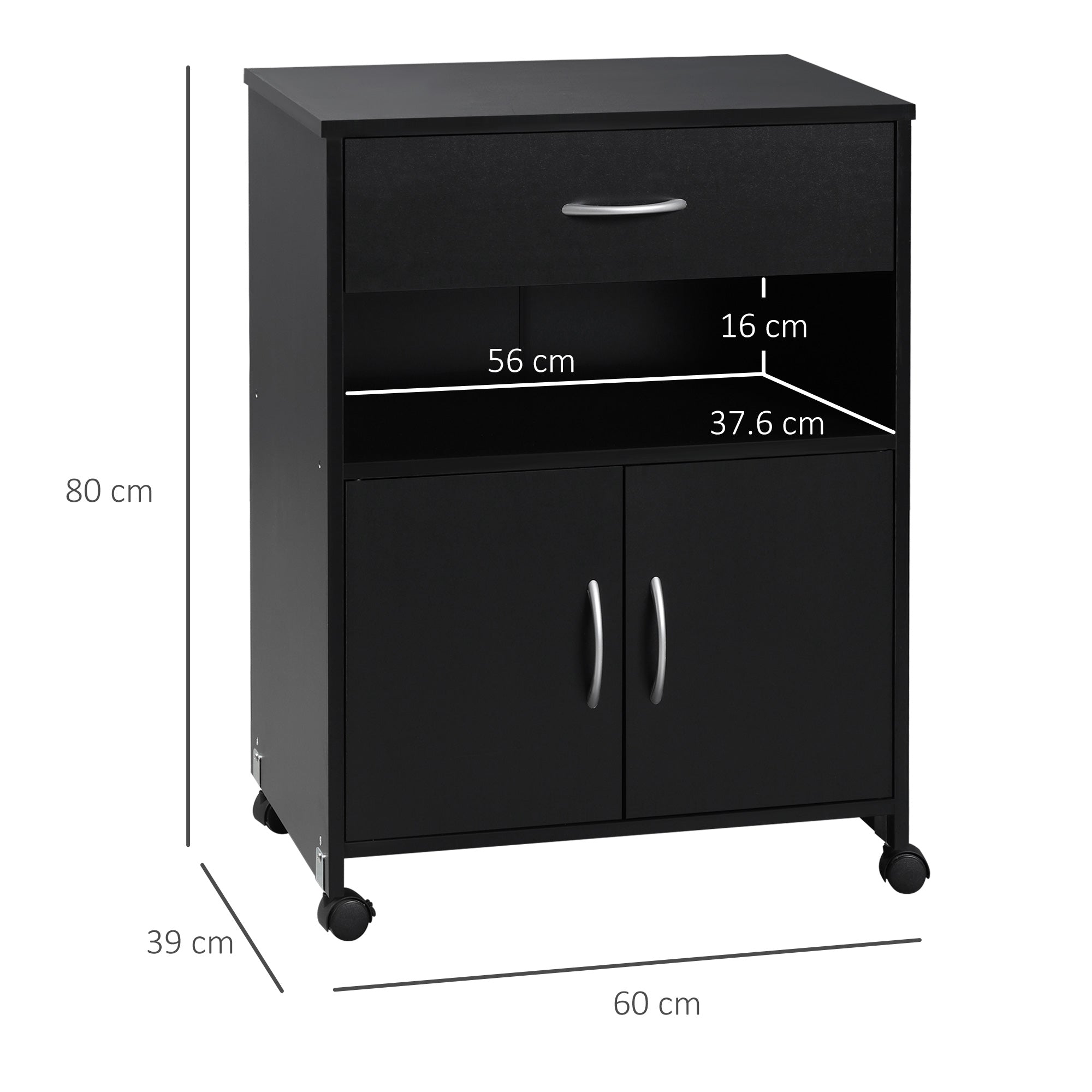 Vinsetto Printer Stand Mobile Printer Cabinet with Storage, Open Shelf, Drawer for Home Office, 60cm x 39cm x 80cm, Black - North Peak Garden Furniture