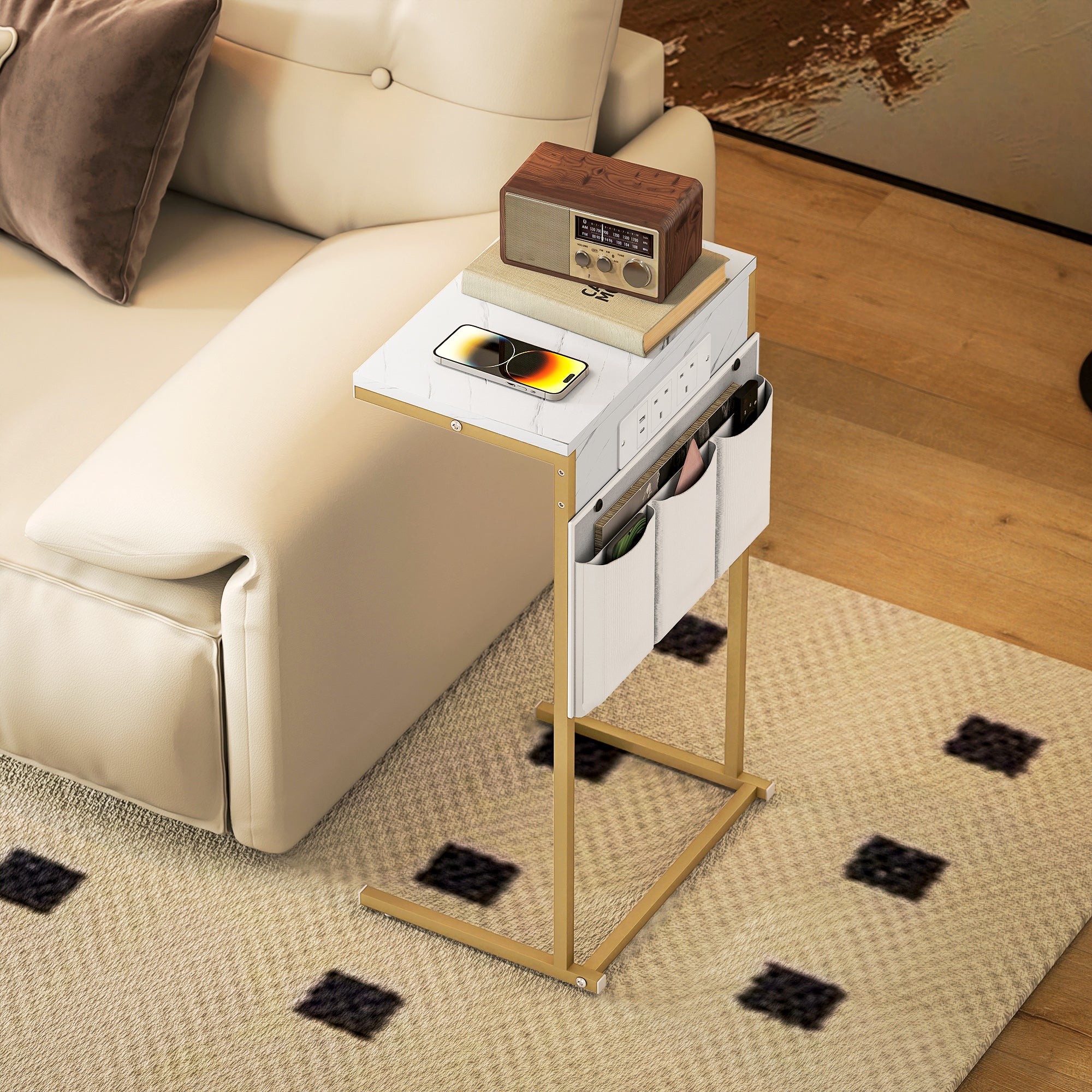 HOMCOM C-Shaped Bedside Table with Charging Station, Marble Grain Side Table with Power Outlets & USB Ports, Storage Bags, for Bedroom, Living Room, White - North Peak Garden Furniture