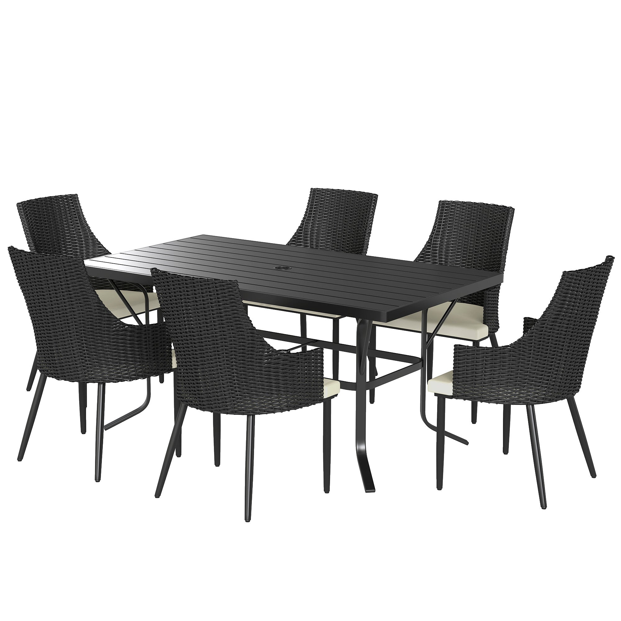 Outsunny 6 Seater Rattan Dining Set with Cushions, Garden Furniture Set with Armchairs, Rectangle Slatted Table Top, Steel Frame, Parasol Hole, Wicker Outdoor Furniture for Patio, Balcony, Cream White - North Peak Garden Furniture
