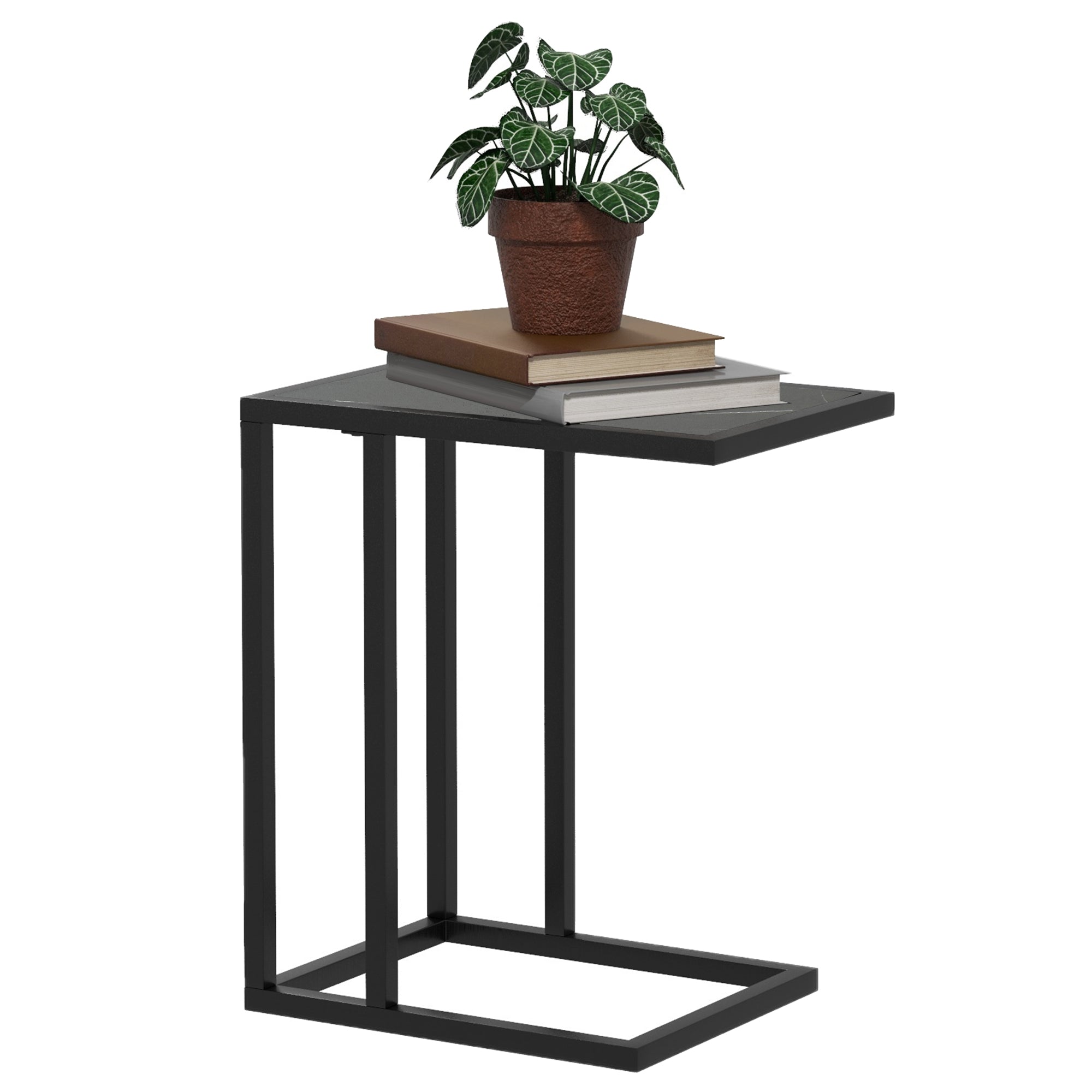 HOMCOM C Shape Bedside Table w/Metal Frame Marble-Effect Top Sofa Narrow Snack End Table for Living Room, Black - North Peak Garden Furniture
