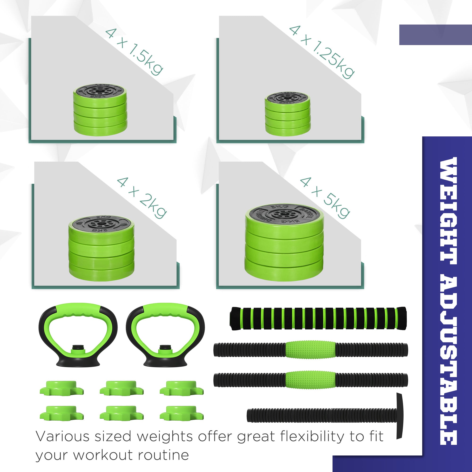 SPORTNOW 40kg Four-In-One Adjustable Weight Dumbbells Set, Barbell, Kettlebell, Push Up Stand - Green - North Peak Garden Furniture