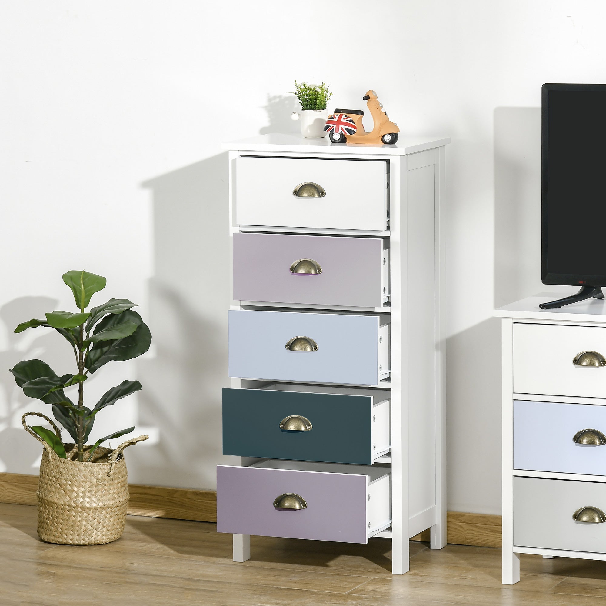 HOMCOM Slim Storage Cabinet Organiser, Chest of Drawers, 5-Drawer Dresser with Metal Handle for Living Room, Bedroom, Blue