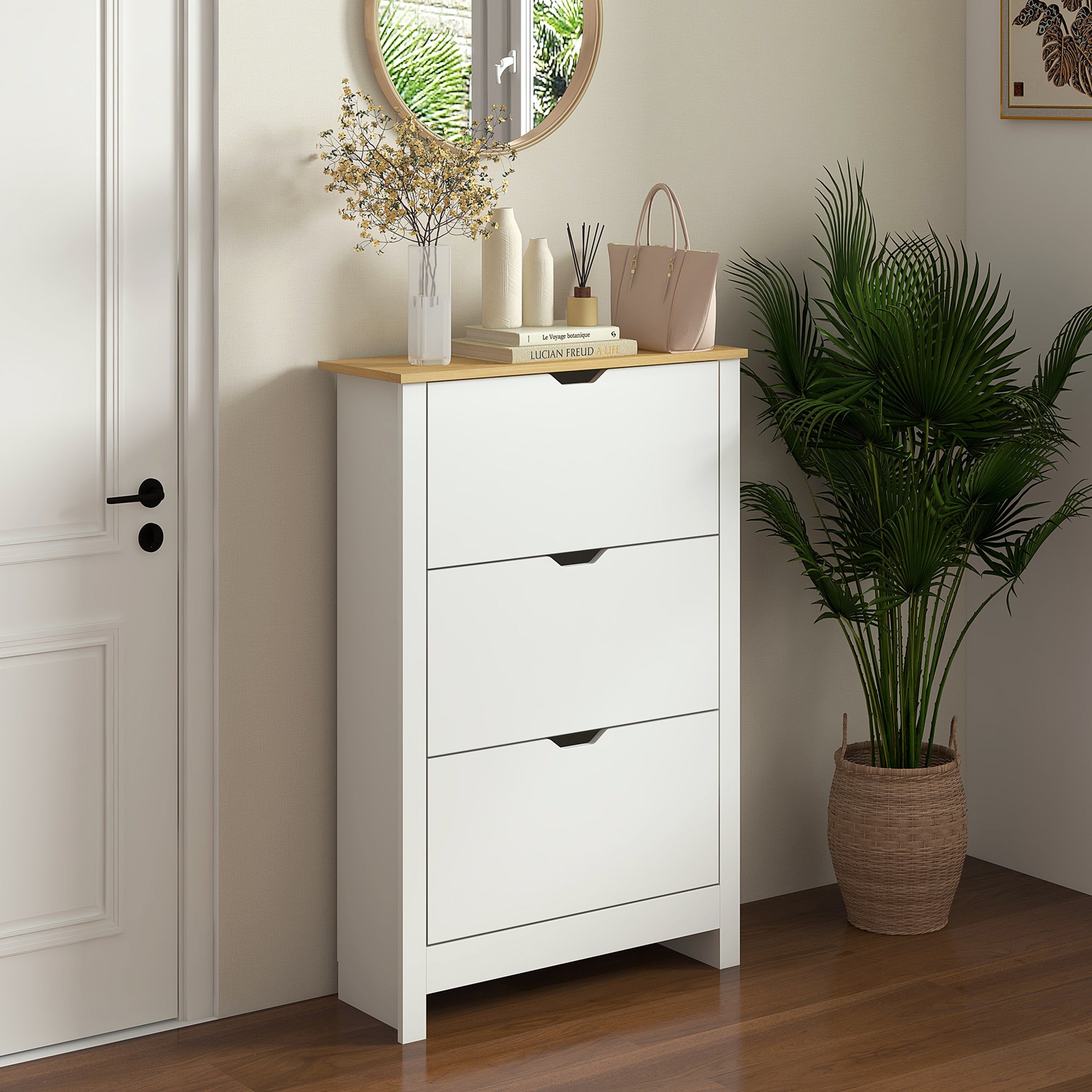 HOMCOM Slim Shoe Cabinet, Narrow Shoe Cupboard with 3 Flip Drawers, Adjustable Shelves for 18 Pairs of Shoes for Hallway, White - North Peak Garden Furniture