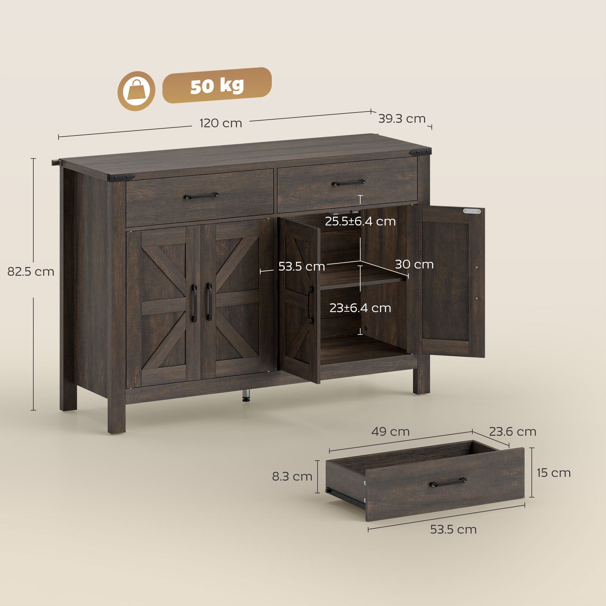 HOMCOM Kitchen Cupboard, Sideboard with 4 Doors, 2 Drawers and 2 Adjustable Shelves for Dining Room, Dark Brown