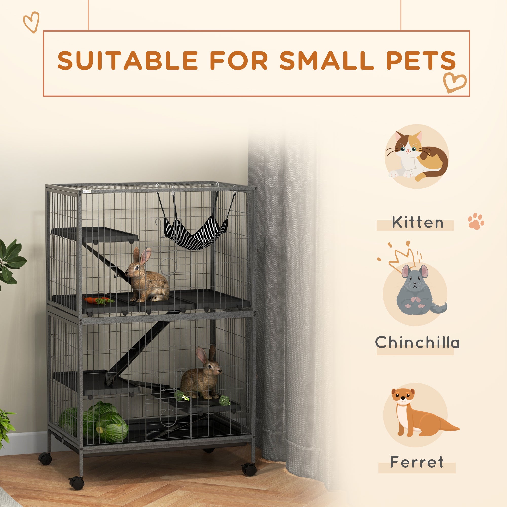 PawHut Small Animal Cage for Chinchilla Ferret Kitten on Wheels with Hammock Removable Tray, Grey - North Peak Garden Furniture