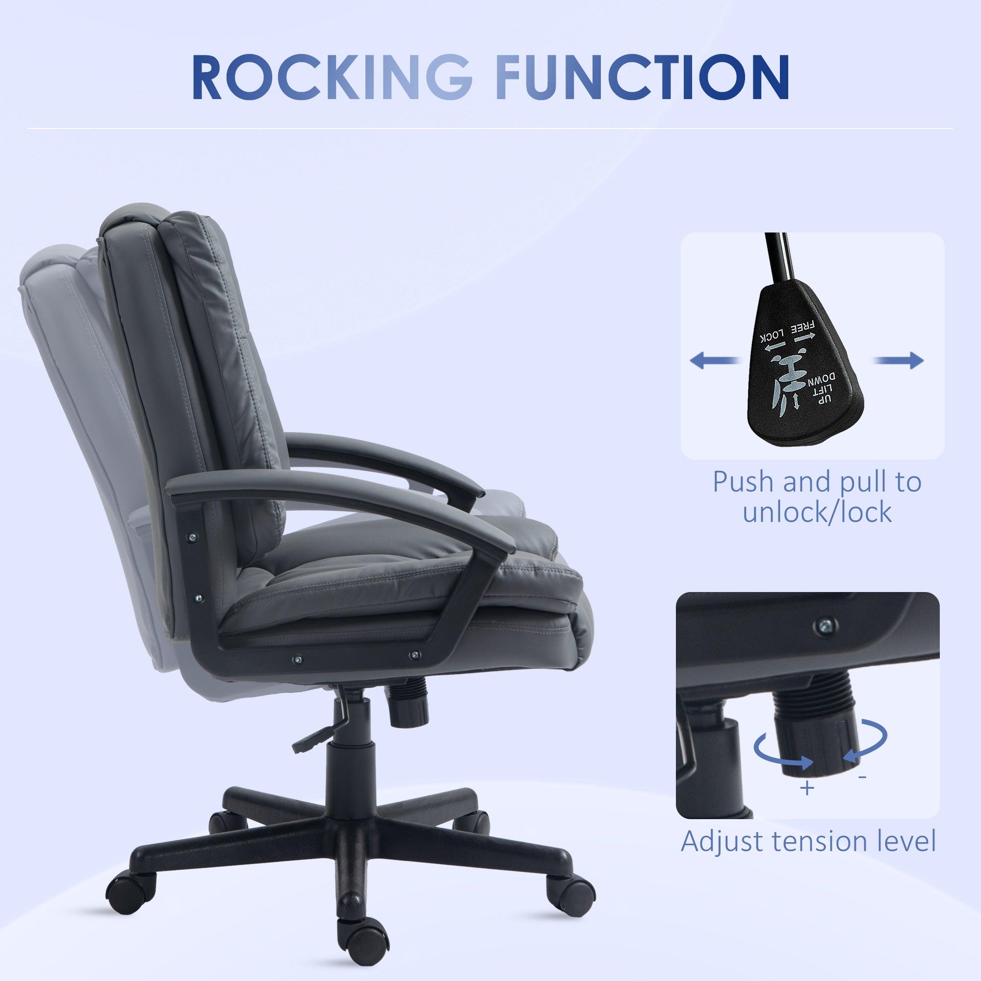 HOMCOM Office Chair, Faux Leather Computer Desk Chair, Mid Back Executive Chair with Adjustable Height and Swivel Rolling Wheels for Home Study, Dark Grey