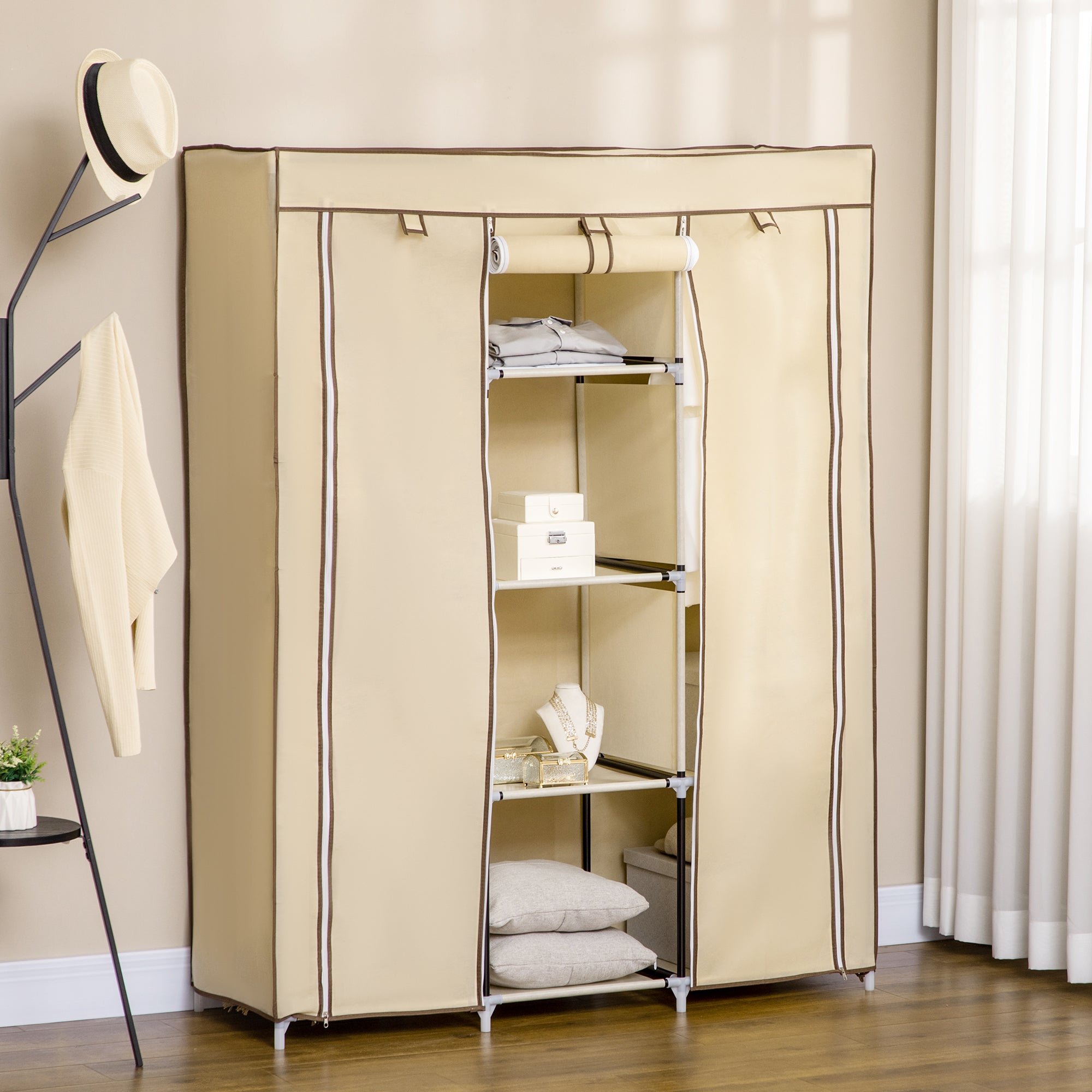 HOMCOM Fabric Wardrobe, Portable Wardrobe, Clothes Storage Unit with 8 Shelves, 2 Hanging Rods, 125 x 43 x 162.5 cm, Beige - North Peak Garden Furniture