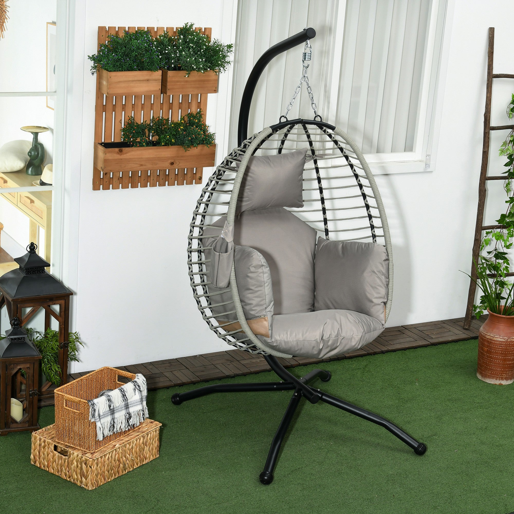 Outsunny Single Rattan Hanging Egg Chair, with Seat Cushion - Grey - North Peak Garden Furniture