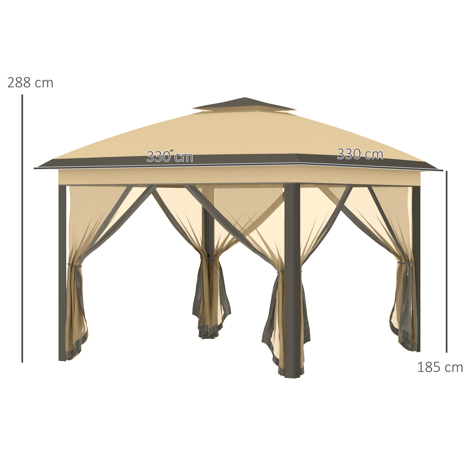 Outsunny 330cm x 330cm Pop Up Canopy, Double Roof Foldable Canopy Tent with Zipped Mesh Sidewalls, Height Adjustable and Carrying Bag, Event Tent for Patio Garden, Beige