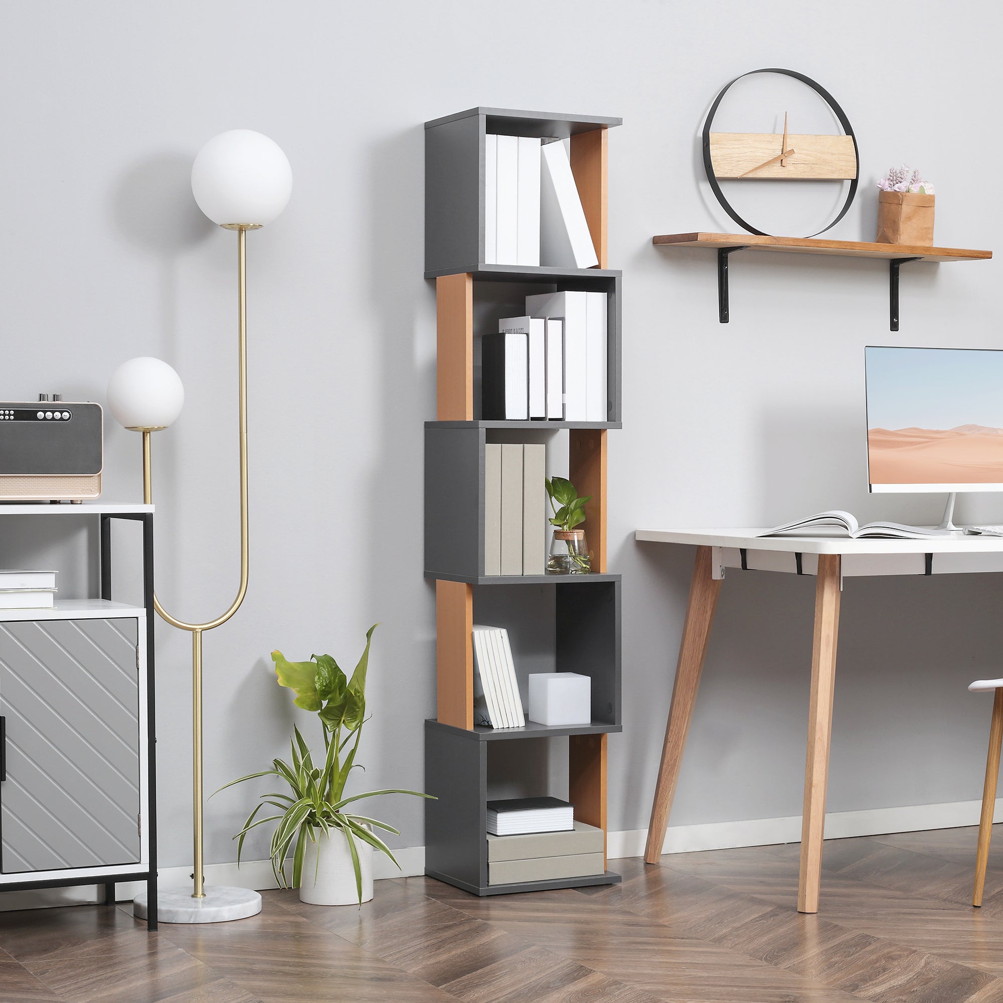 HOMCOM Modern 5-Tier Bookshelf, Freestanding Bookcase Storage Shelving for Living Room Home Office Study, Brown and Dark Grey - North Peak Garden Furniture