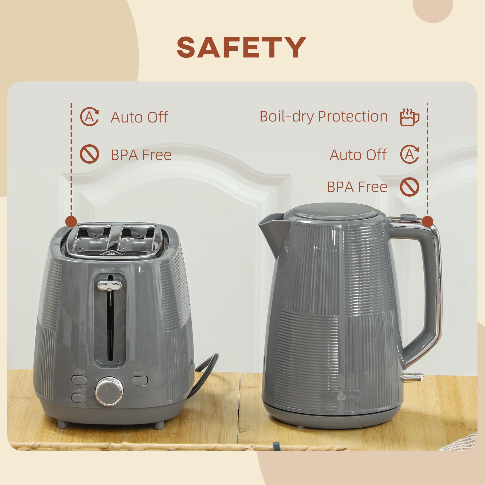 HOMCOM Kettle and Toaster Set, 1.7L 3000W Fast Boil Kettle & 2 Slice Toaster Kitchen Set with 7 Level Browning Controls, Defrost, Reheat, Boil-dry Protection, Grey - North Peak Garden Furniture