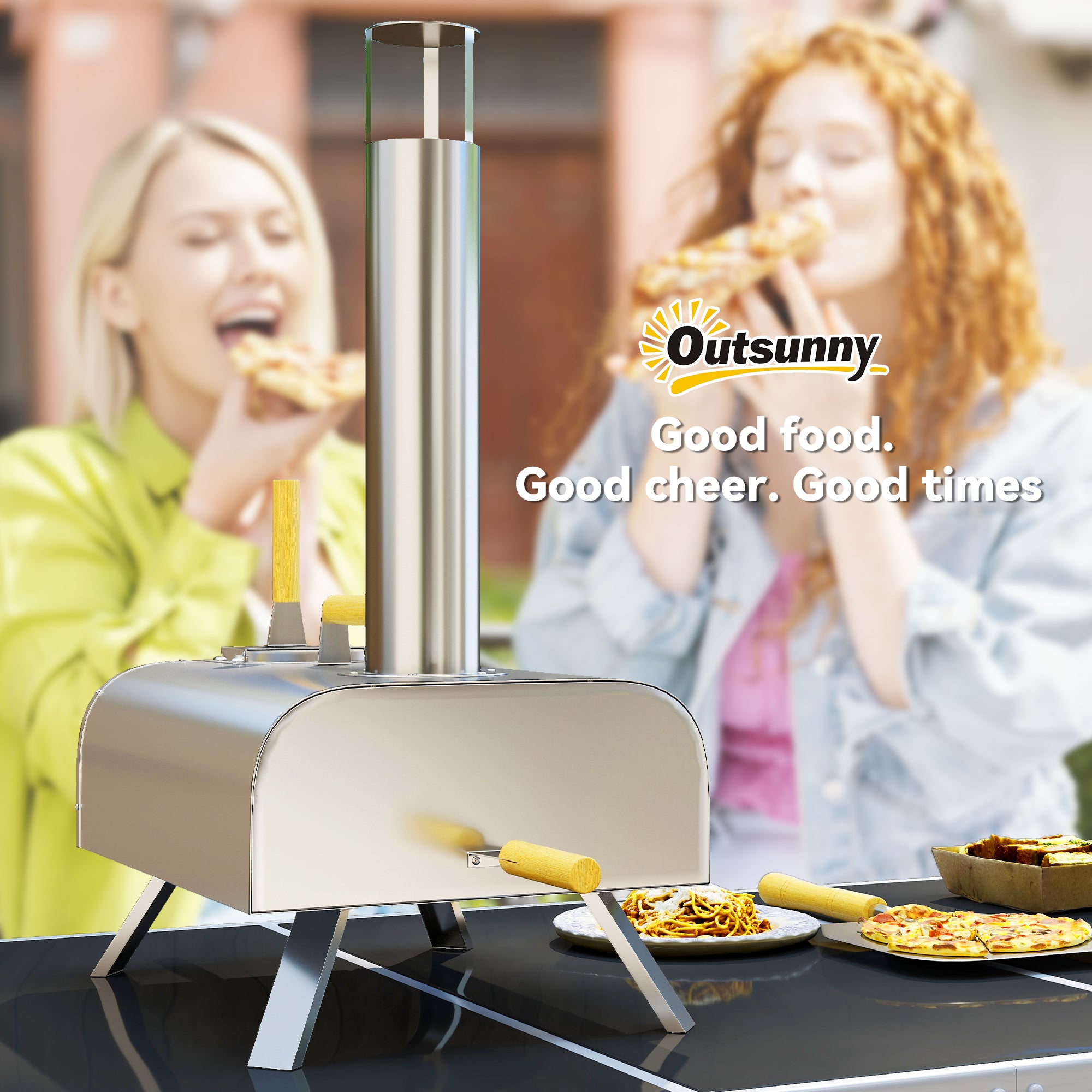 Outsunny Outdoor Pizza Oven, Portable Wood Pellet Pizza Oven with Pizza Stone and Peel, Foldable Legs, Chimney, 12 Inch Wood Fired Pizza Maker for Outdoor Cooking, Stainless Steel - North Peak Garden Furniture