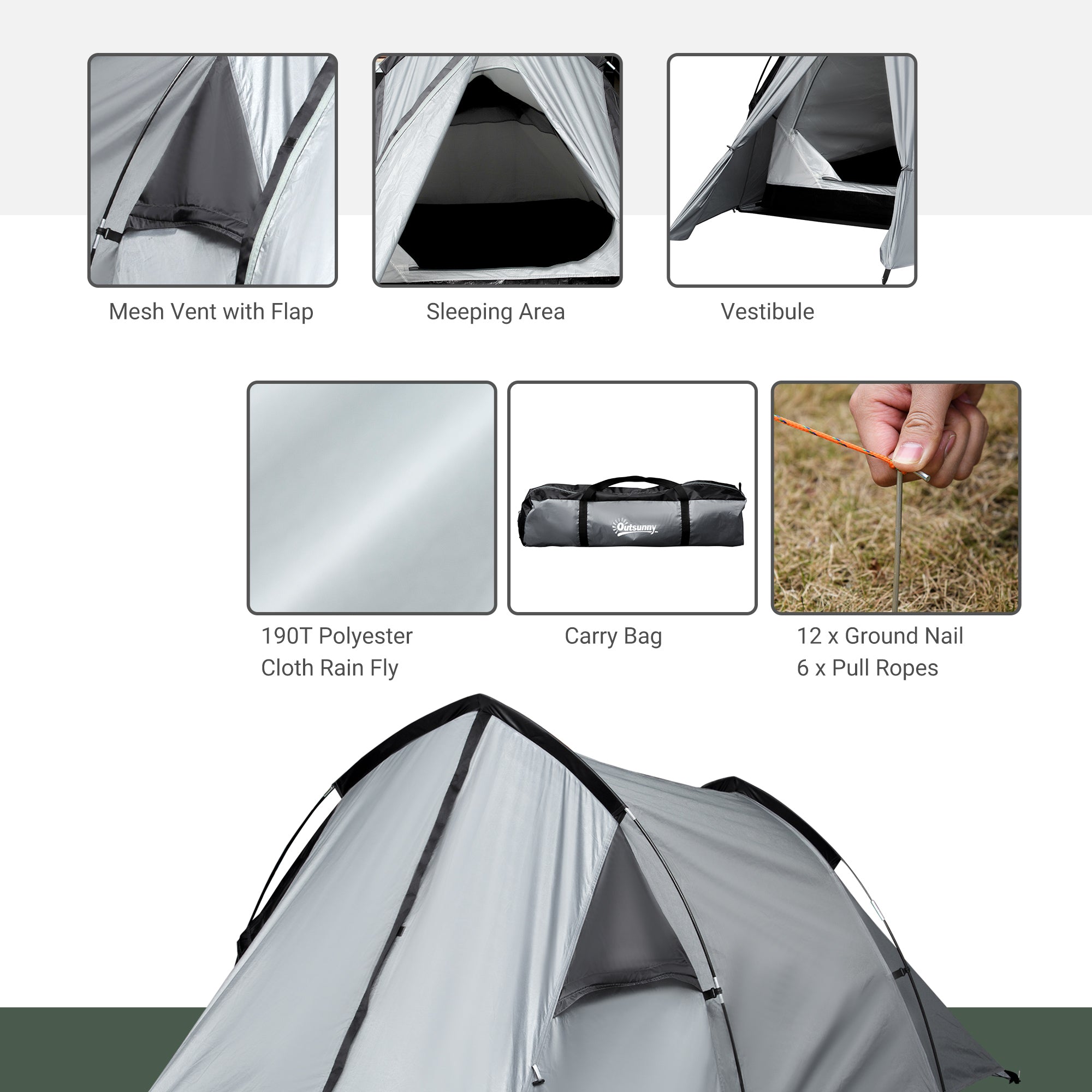 Outsunny Camping Dome Tent Double Layer Backpacking Tent Large for 1-2 Person with Weatherproof Vestibule Windows Lightweight for Fishing, Hiking