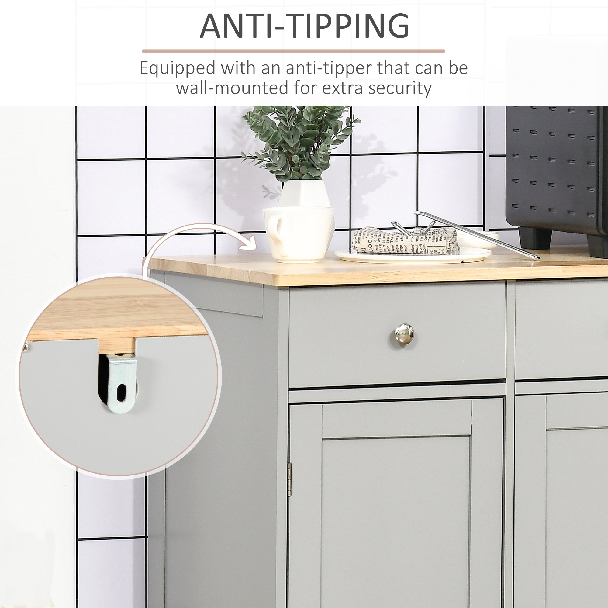 HOMCOM Sideboard with Rubberwood Top and Adjustable Shelves for Dining Room, Kitchen - Grey - North Peak Garden Furniture