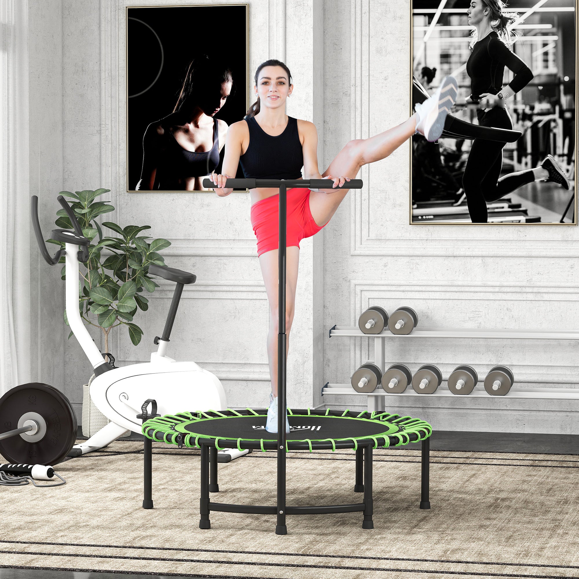 HOMCOM Mini Round Steel Frame Trampoline w/ Adjustable Handle, Green - North Peak Garden Furniture