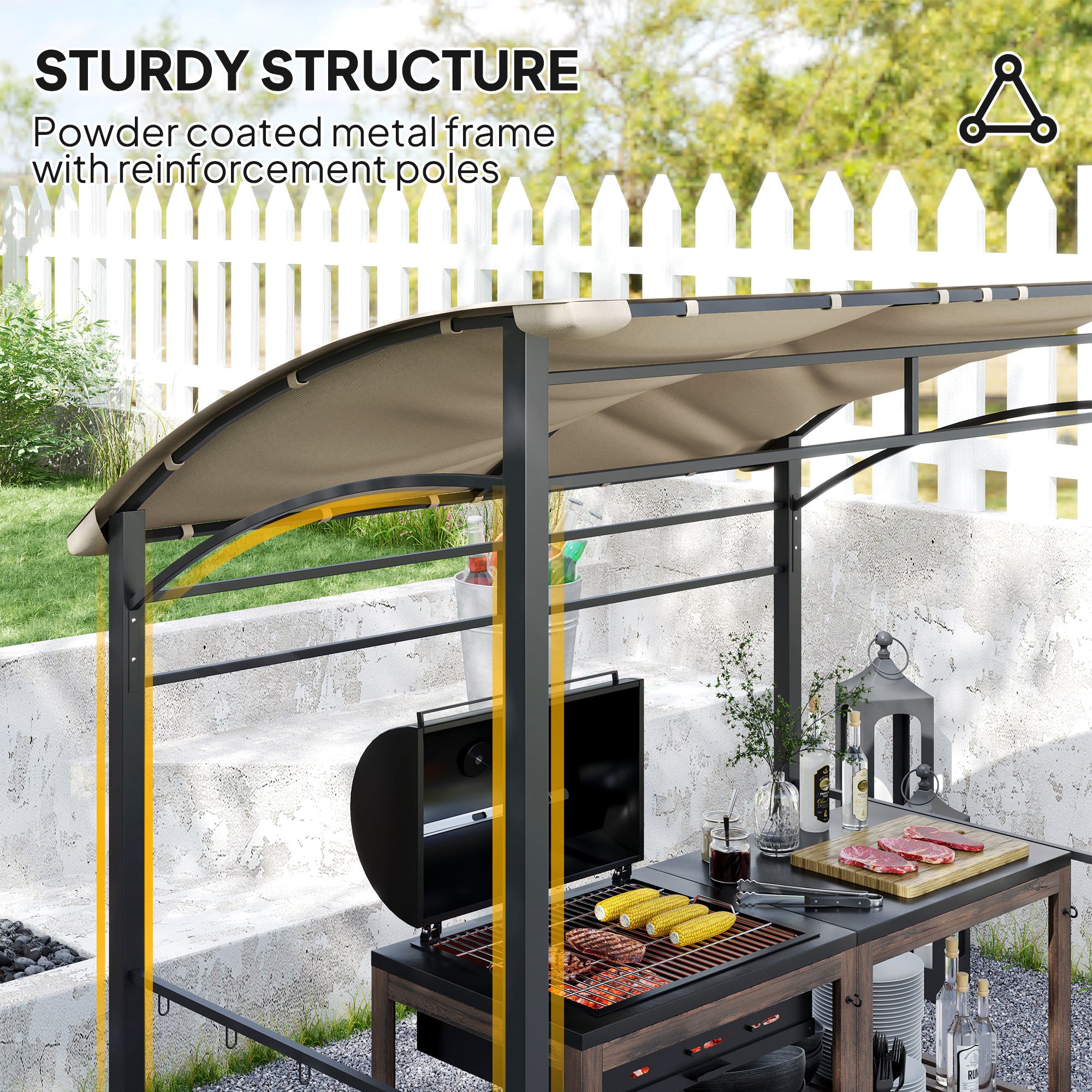 Outsunny 2.2 x 1.5 m BBQ Grill Gazebo Tent, Garden Grill with Metal Frame, Curved Canopy and 10 Hooks, Outdoor Sun Shade, Khaki - North Peak Garden Furniture