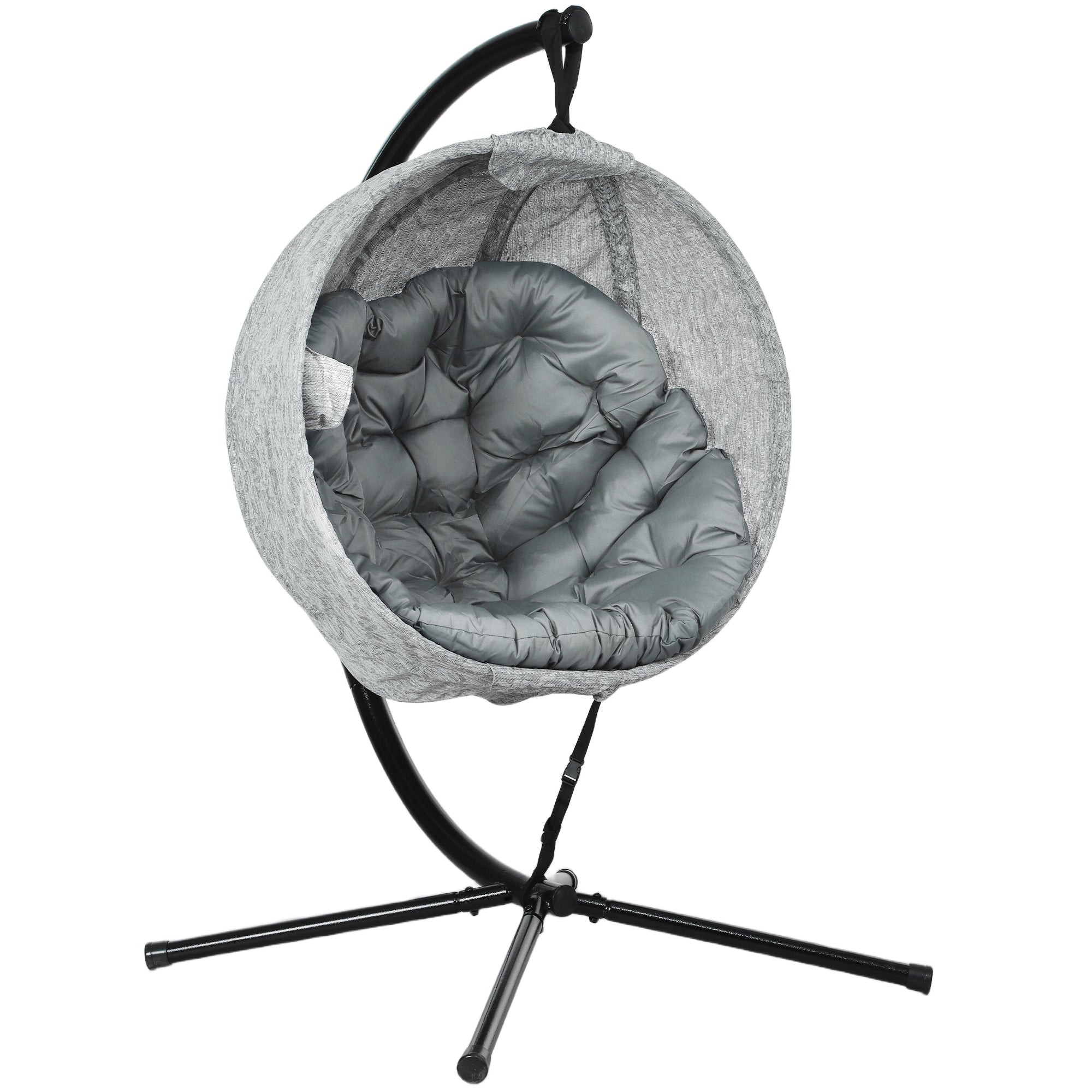 Outsunny Hanging Egg Chair Outdoor Indoor Garden Swing Chair with Folding Basket, Garden Hanging Chair with Stand, Thickened Cushion, Cup Holder for Patio, Balcony, Grey - North Peak Garden Furniture