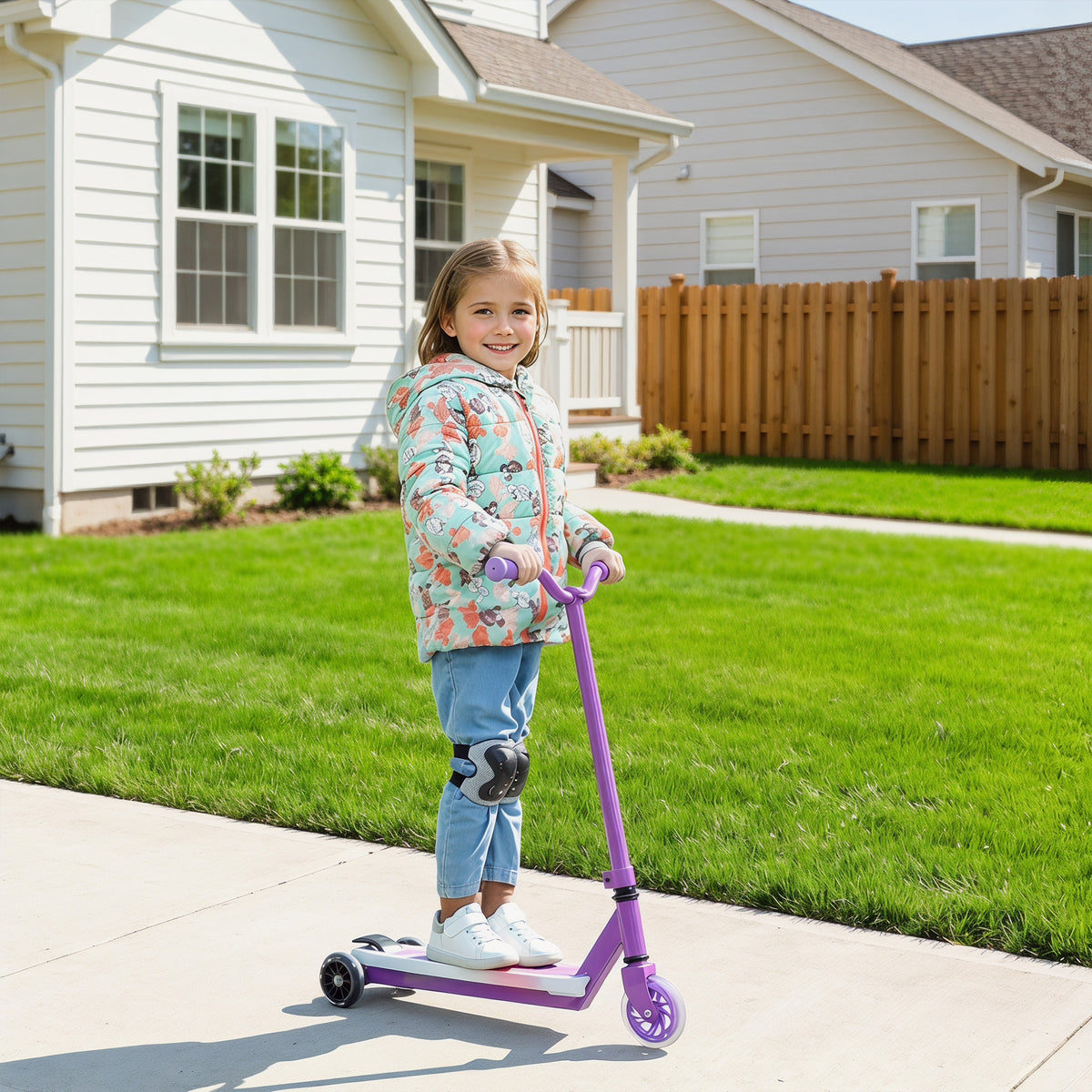 AIYAPLAY Electric Scooter for Kids Aged 4-7 Years, with Flashing LED Lights, Rear Auxiliary Wheels, Purple