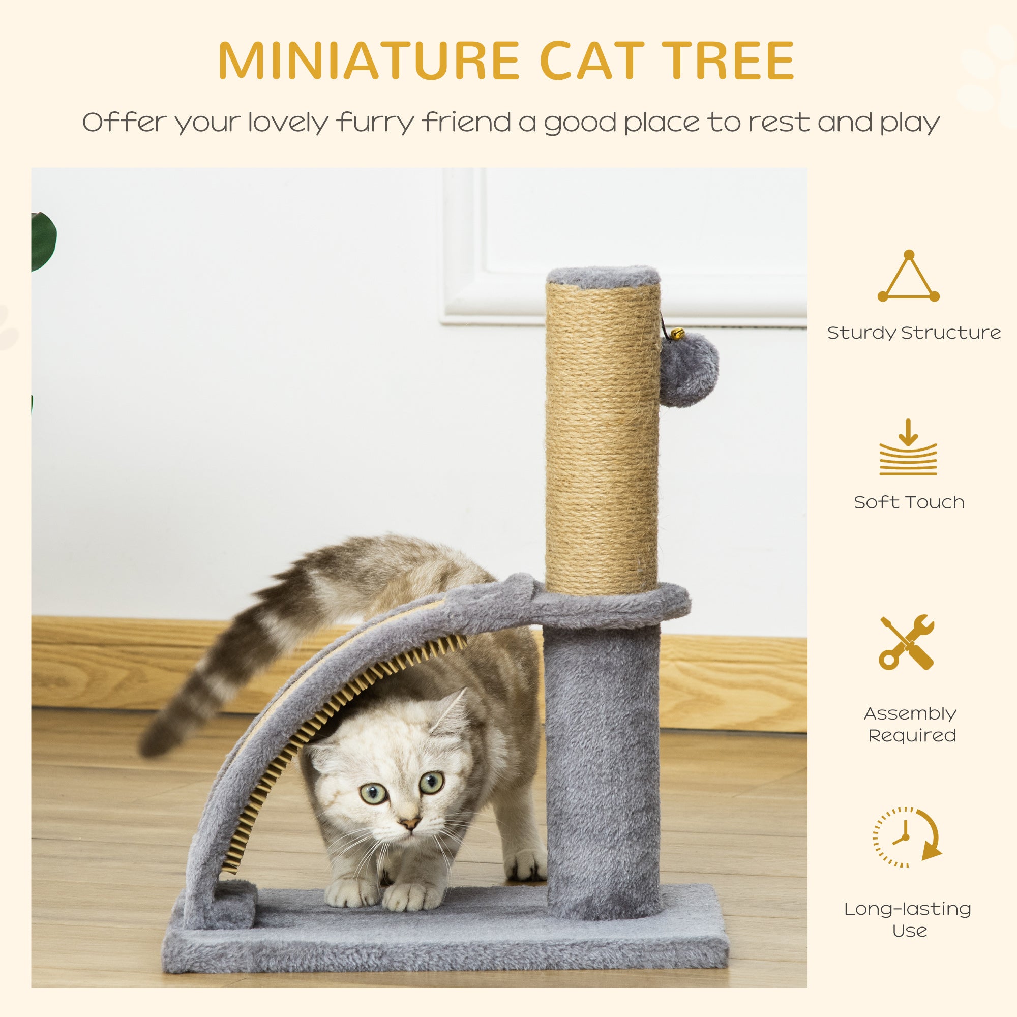 PawHut Cat Tree for Indoor Cats Climbing Activity Center Kitten Tower Furniture with Jute Post Scratching Massage Board Hanging Ball with Bell 34 x 24 x 43cm Grey - North Peak Garden Furniture