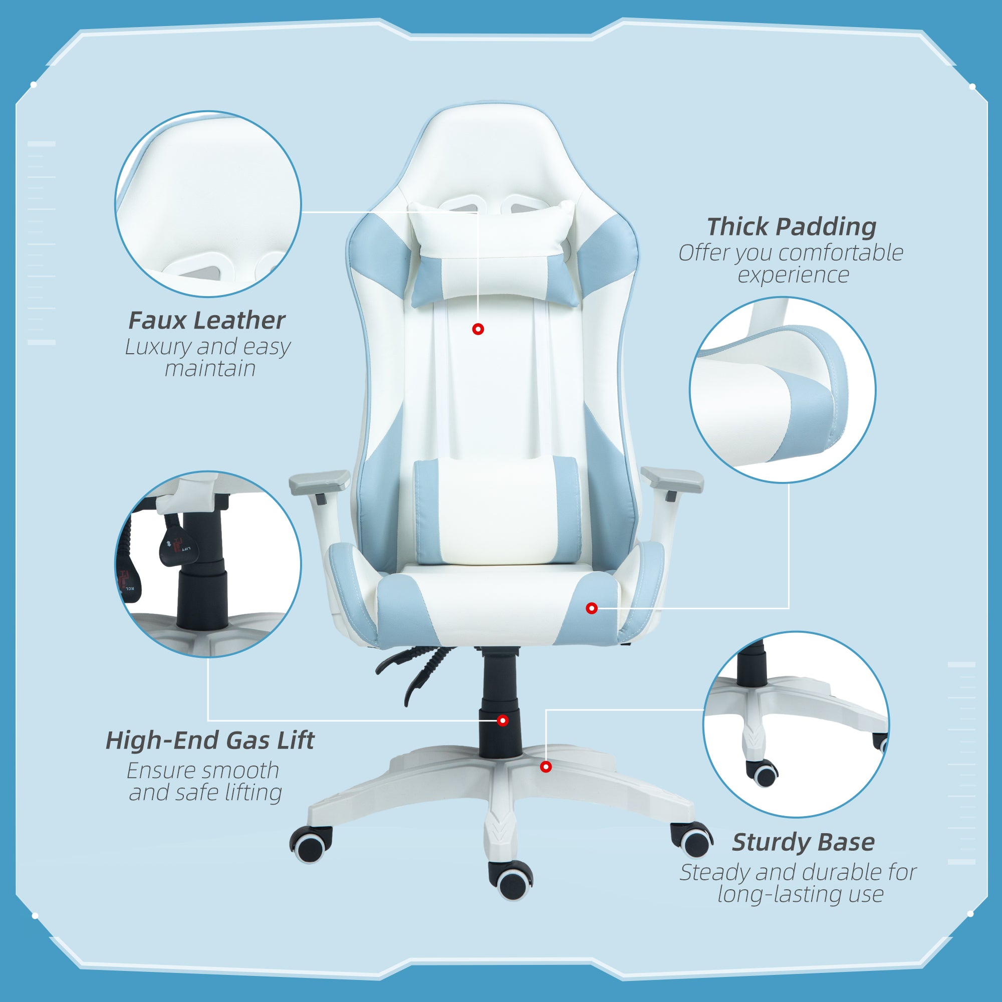 HOMCOM Faux Leather Colour Block Gaming Chair, with 135° Reclining Back - Blue/White - North Peak Garden Furniture
