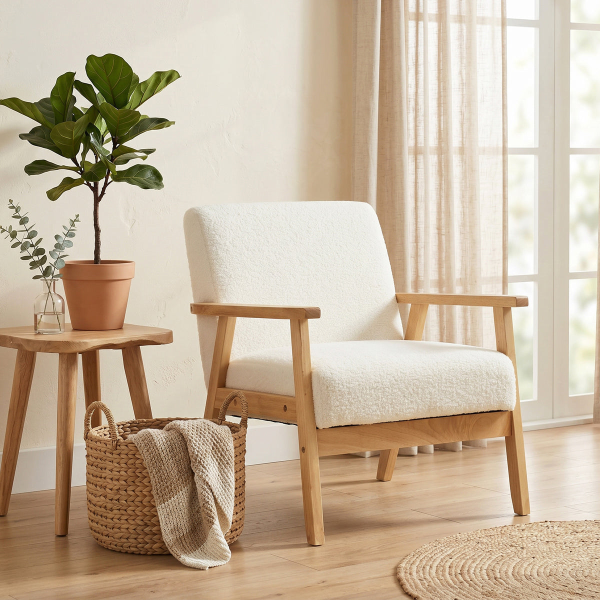 HOMCOM Modern Armchair, Sherpa Fleece Upholstered Accent Chair with Solid Wood Legs and Wide Seat, Cream White