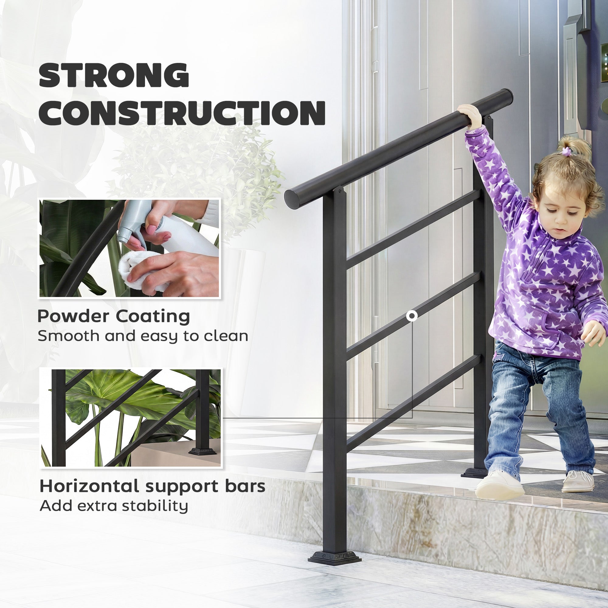 Outsunny Outdoor Handrail for Stairs, 0°-45° Adjustable Wrought Iron Exterior Handrail, Fit 1 to 3 Steps Stair Railing