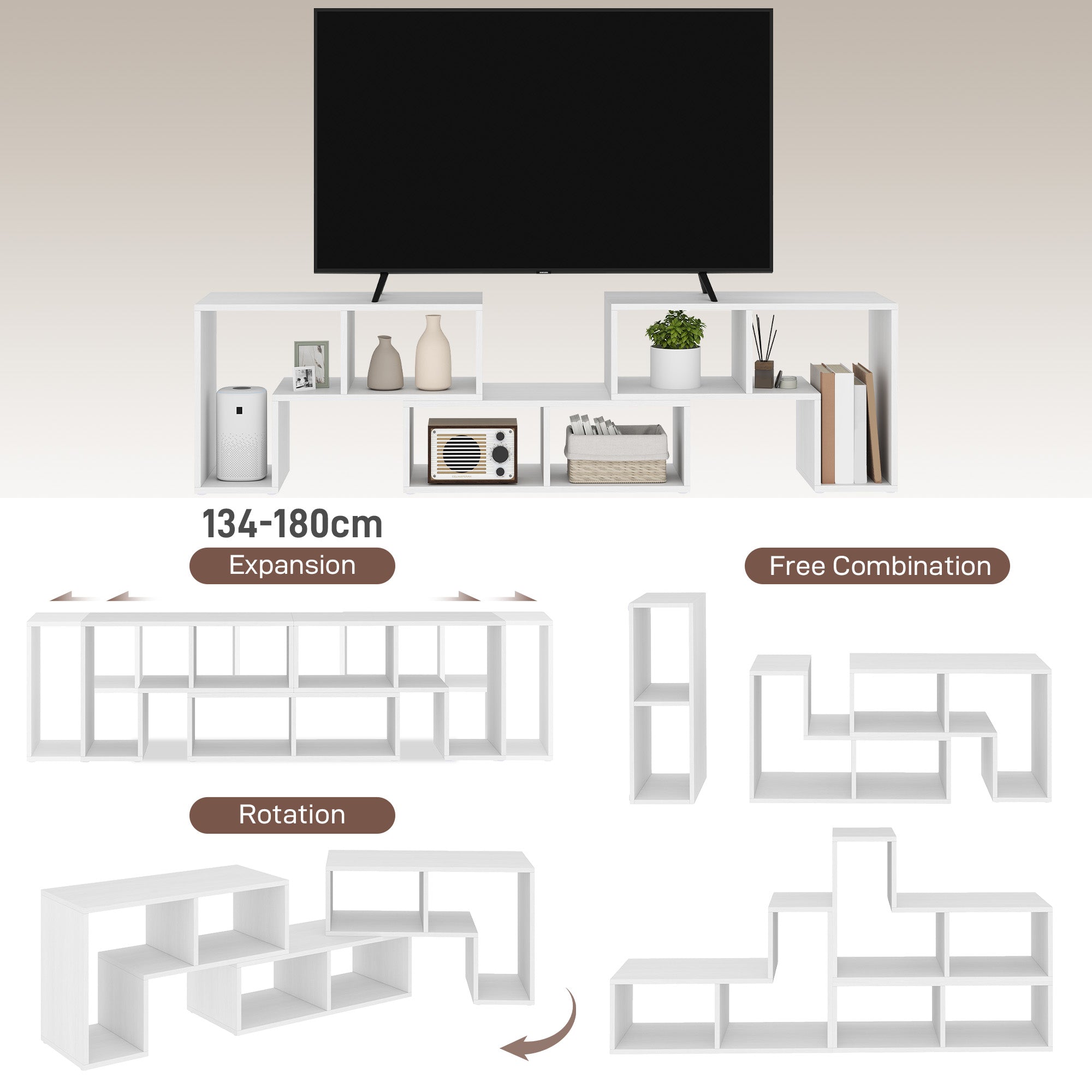 HOMCOM TV Stand for TVs up to 75 Inches, Free Combination TV Unit with Storage Shelves, Extendable Entertainment Centre for Living Room, White Wood Grain