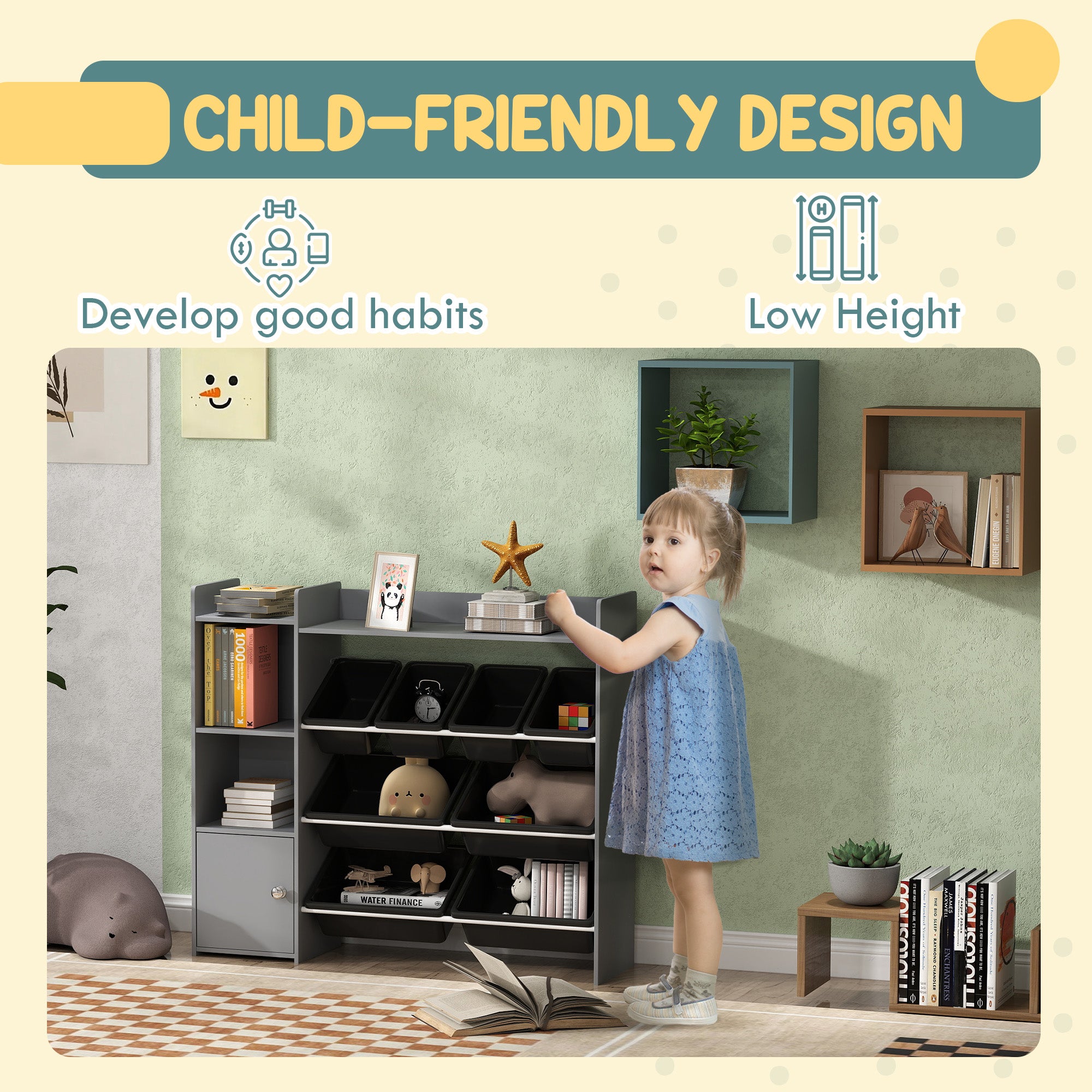 AIYAPLAY Toy Storage Unit with 8 Removable Bins, Storage Shelves, Cabinet, Grey - North Peak Garden Furniture