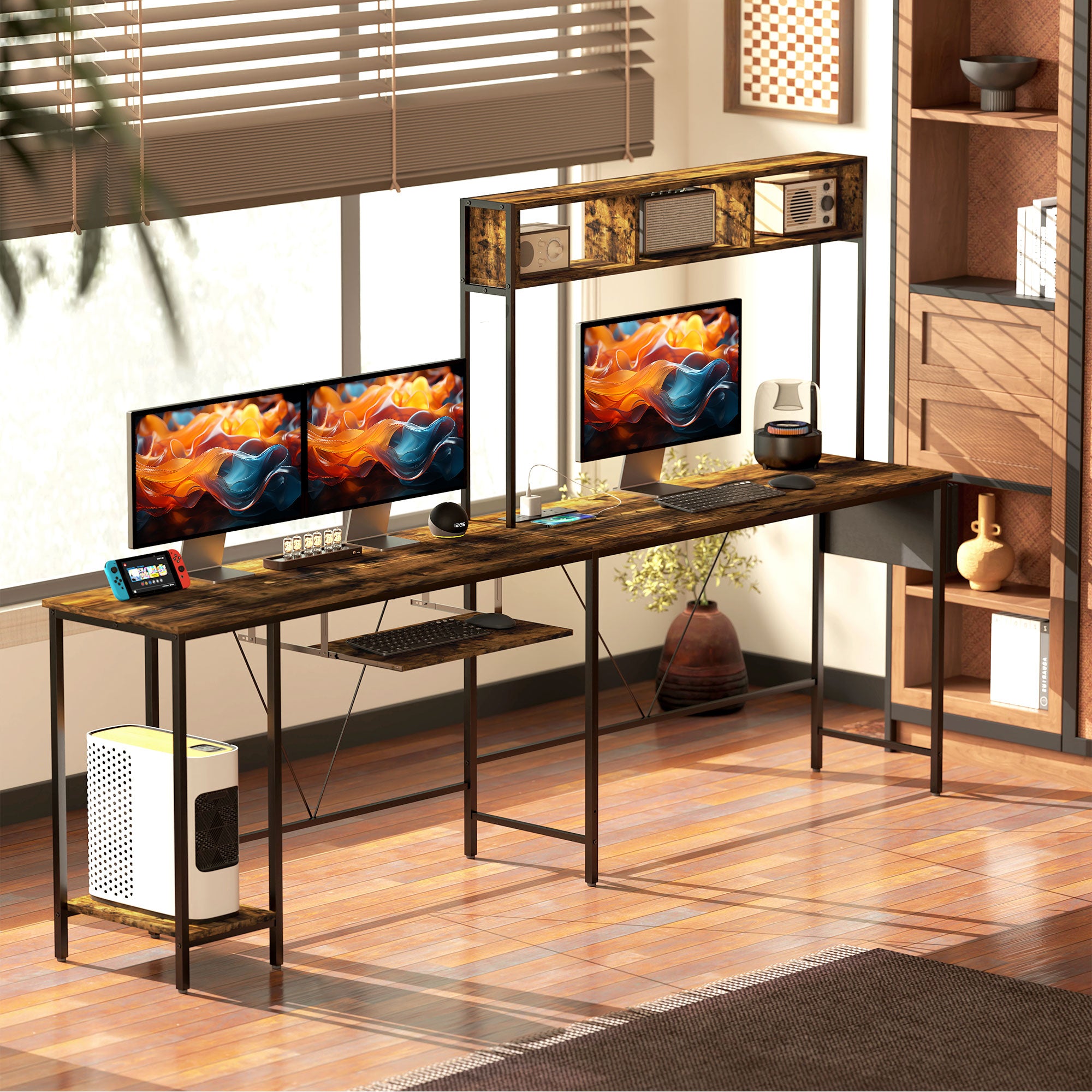 HOMCOM 160cm Reversible L Shaped Desk with Power Outlet, Industrial Corner Desk with Storage Shelves and Keyboard Tray, 240cm Long Computer Desk for 2 Person, Rustic Brown - North Peak Garden Furniture