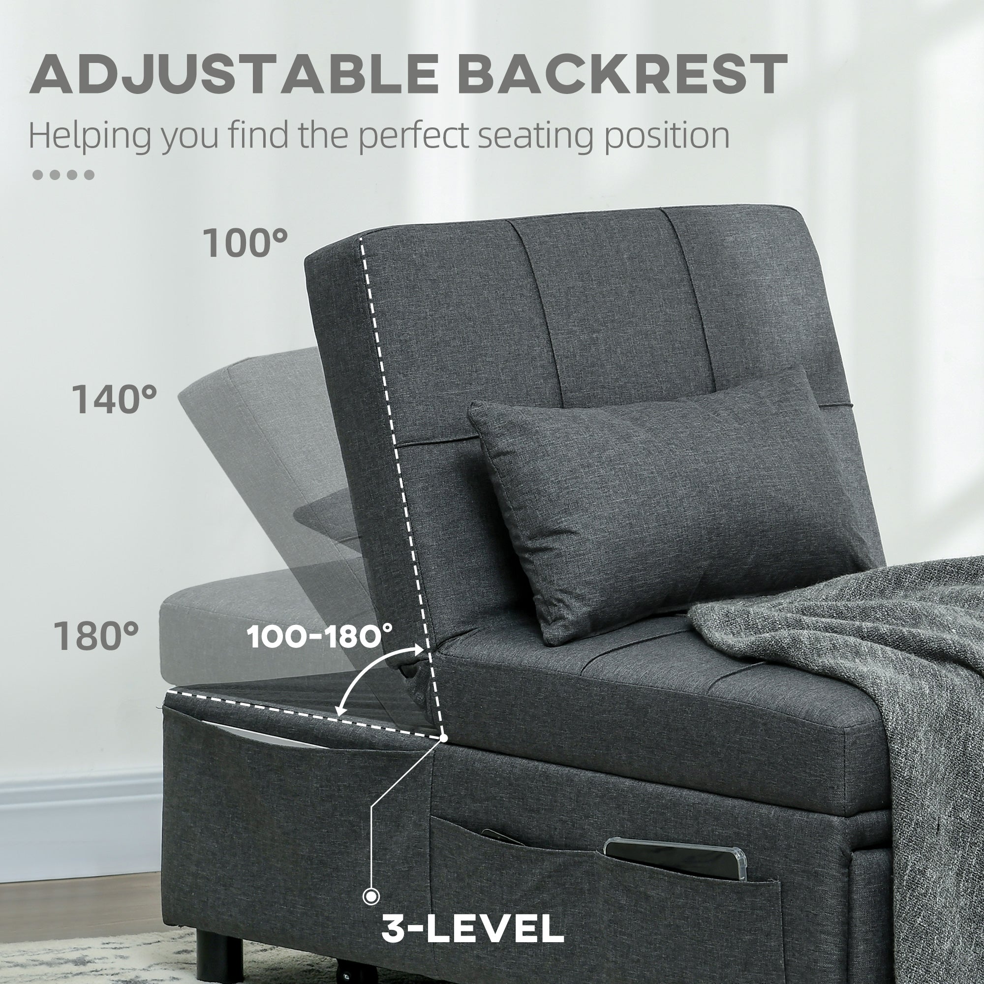 HOMCOM Convertible Chair Bed with Padding Seat, 4-in-1 Multi-Functional Sleeper Sofa Bed, Recliner with Adjustable Backrest, Side Pocket, Wheels and Pillow, for Living Room, Grey - North Peak Garden Furniture