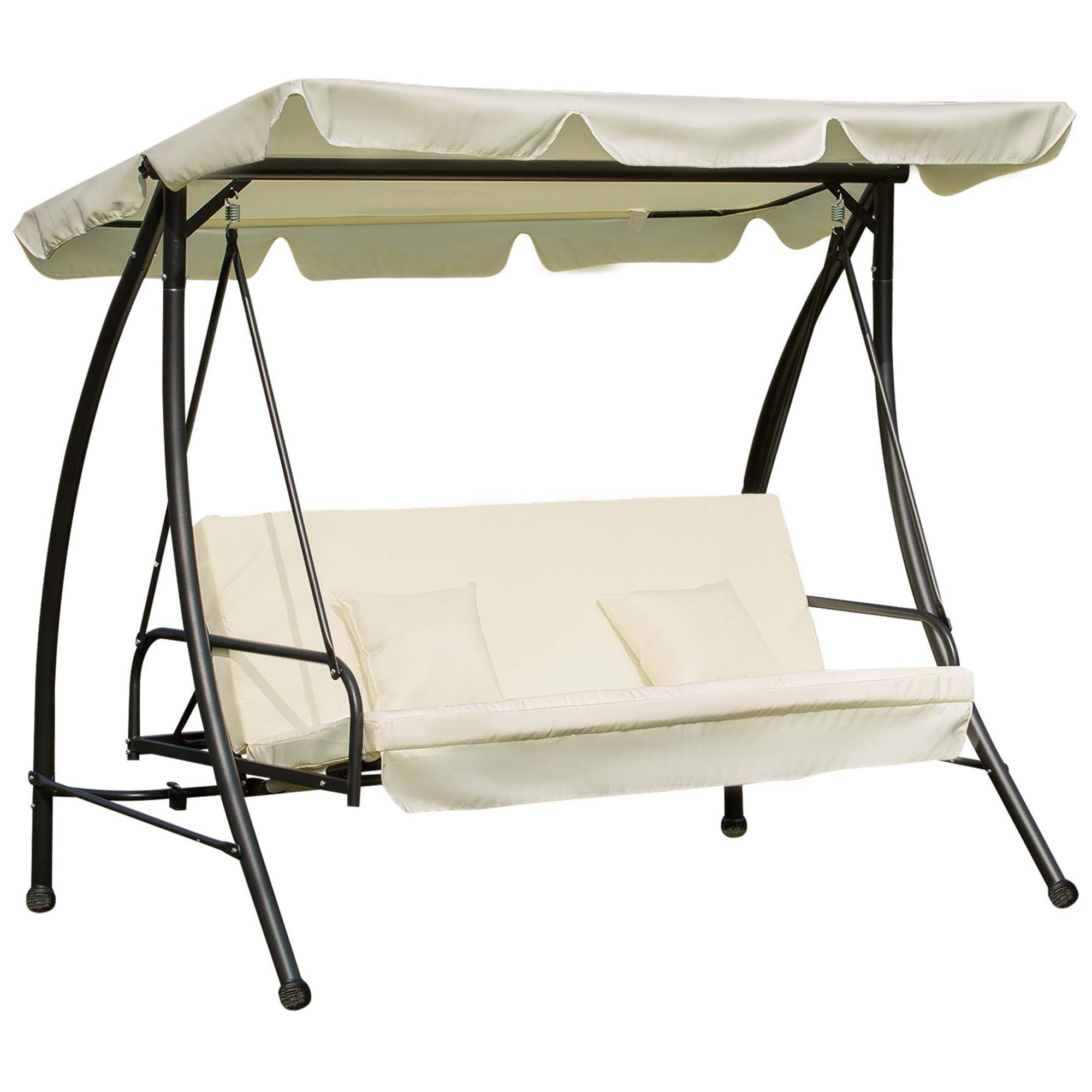 Outsunny 3 Seater Swing Chair 2-in-1 Hammock Bed Patio Garden Chair with Adjustable Canopy and Cushions, Cream White