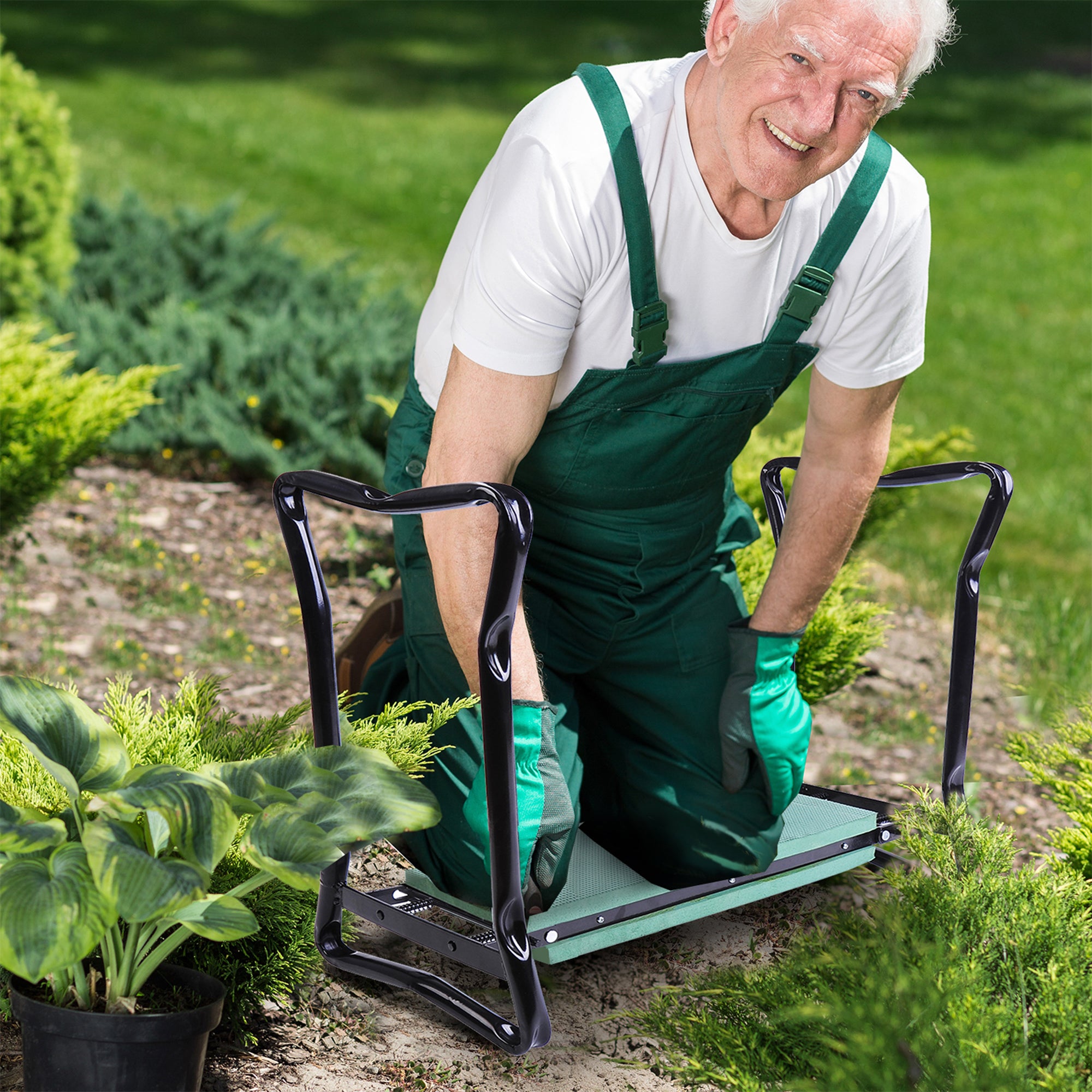 Outsunny 2-in-1 Garden Kneeler Seat Kneeling Pad Support Bench Foldable Knee Protector - Green - North Peak Garden Furniture