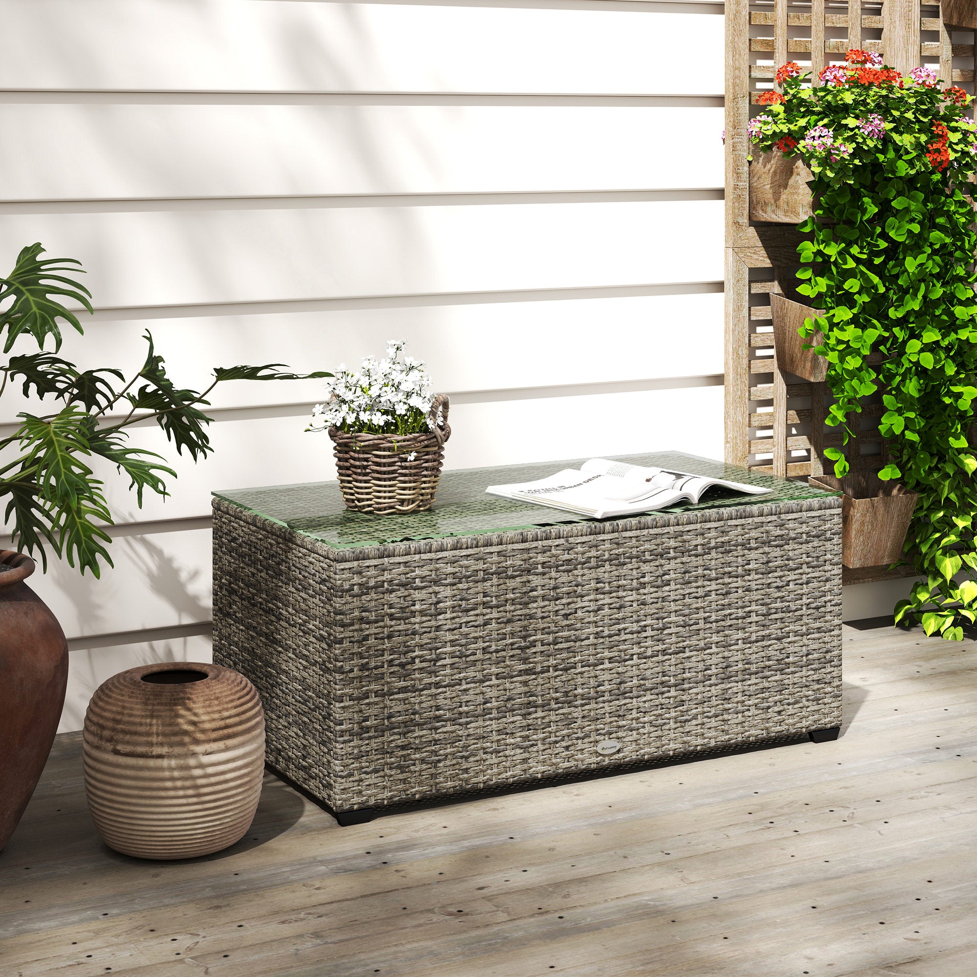 Outsunny 90 x 50cm Glass-Top Rattan Side Table - Dark Grey - North Peak Garden Furniture