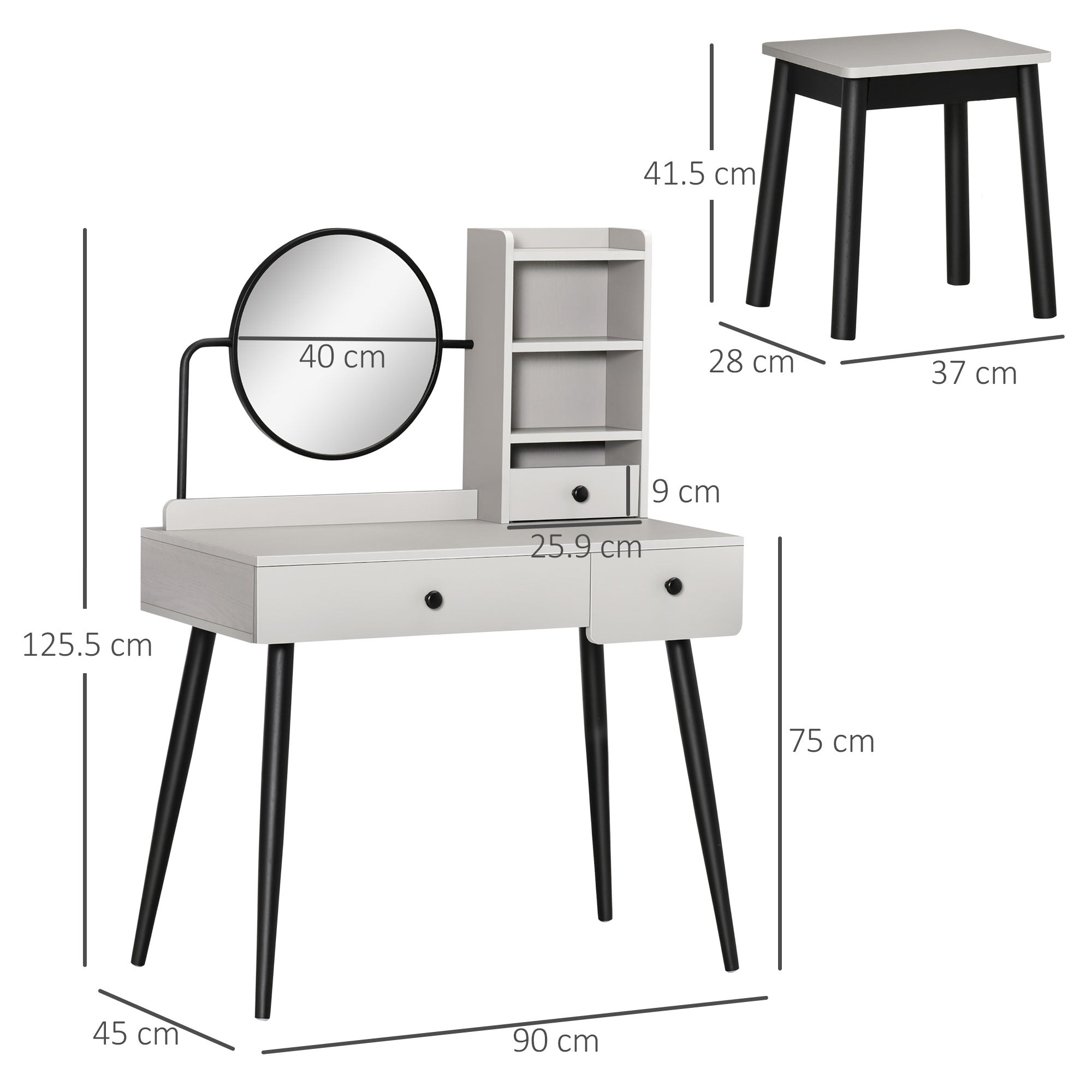 HOMCOM Dressing Table Set with Mirror and Stool, Vanity Makeup Table with 3 Drawers and Open Shelves for Bedroom, Living Room, Grey - North Peak Garden Furniture